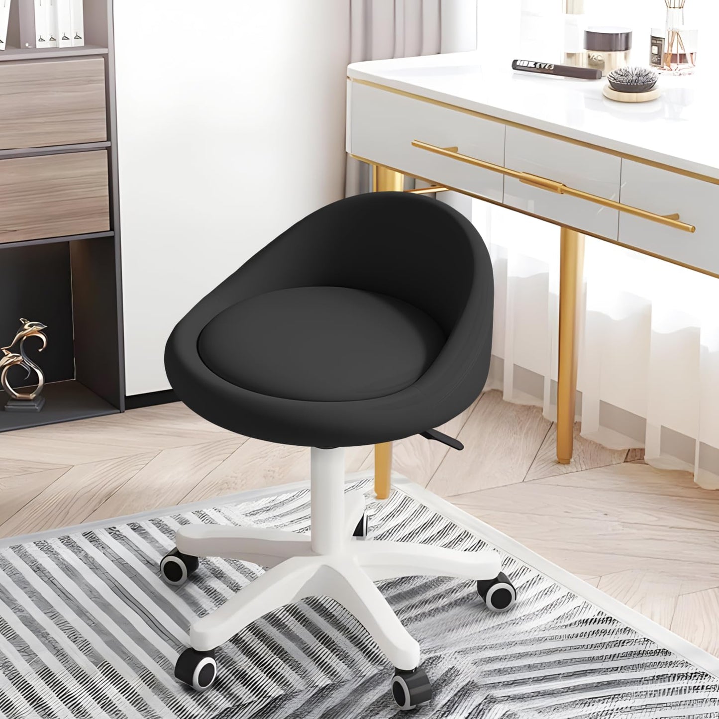 Timbertouch Rolling Stool – Ergonomic Swivel Seat, Adjustable Height, Ultra-Quiet Wheels, Padded PU Leather Cushion, for Salon, Office, Massage & Medical Use Black sap1