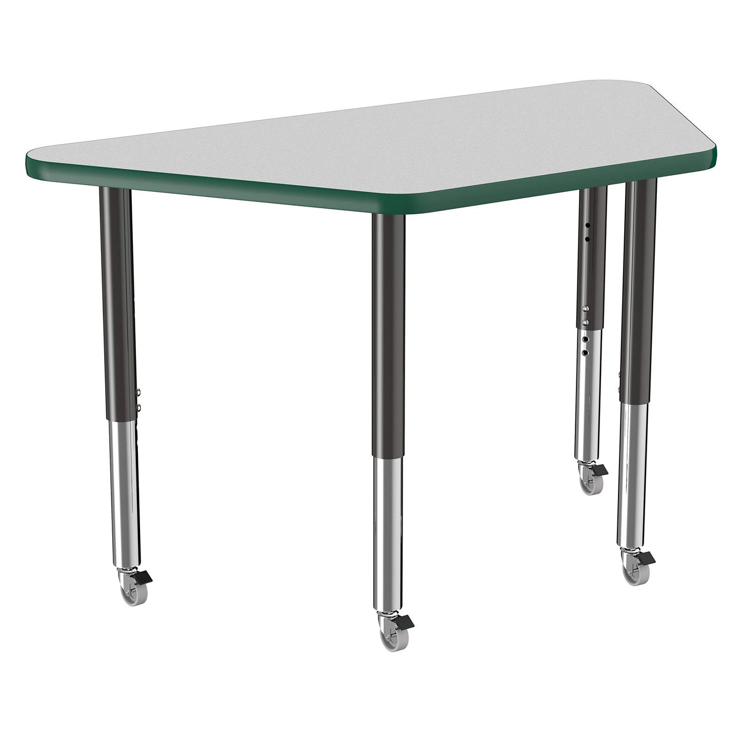 FDP Mobile Trapezoid Activity School and Office Table (24 x 48 inch), Super Legs with Glides and Casters for Collaborative Environments, Adjustable Height 19-30 inches - Gray Top and Green Edge