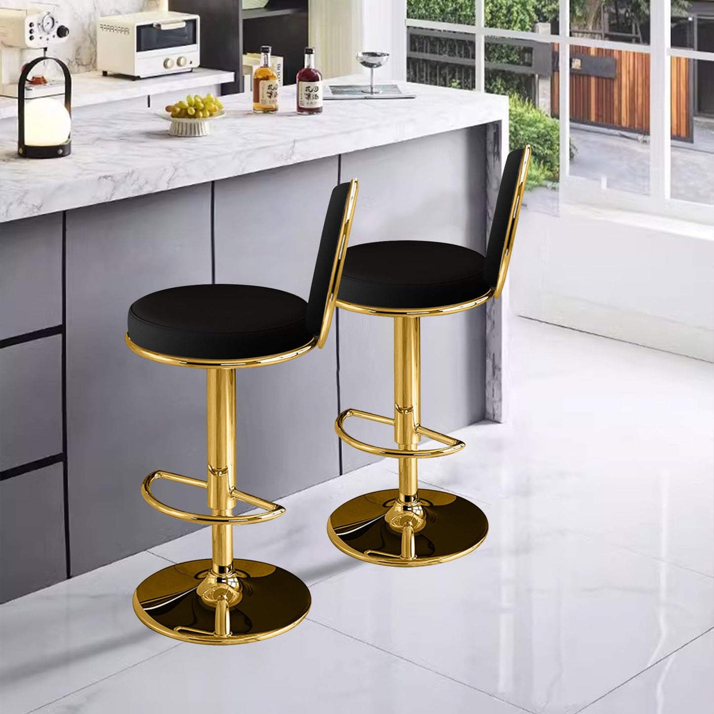Adjustable Stool with Faux PU Leather for Kitchen Gold Chairs- of 1 (Black Set of 2)