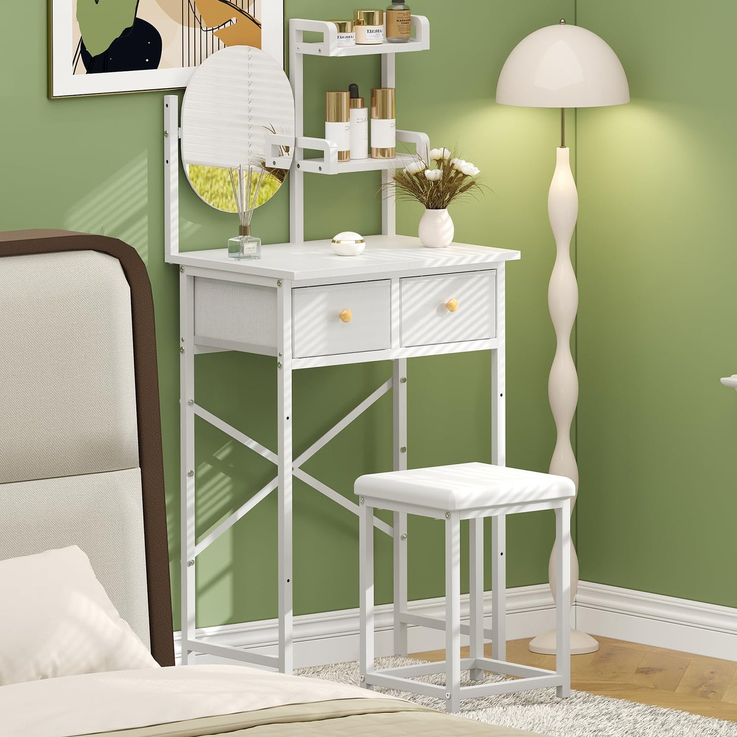 19.7"W Small Vanity Desk with Mirror & Chair, Mini Cute Makeup Vanity Table Set with 2 Fabric Storage Drawers Opening Shelves, Compact Vanity Desk for Kids Girls Gifts, Bedroom & Small Spaces, White