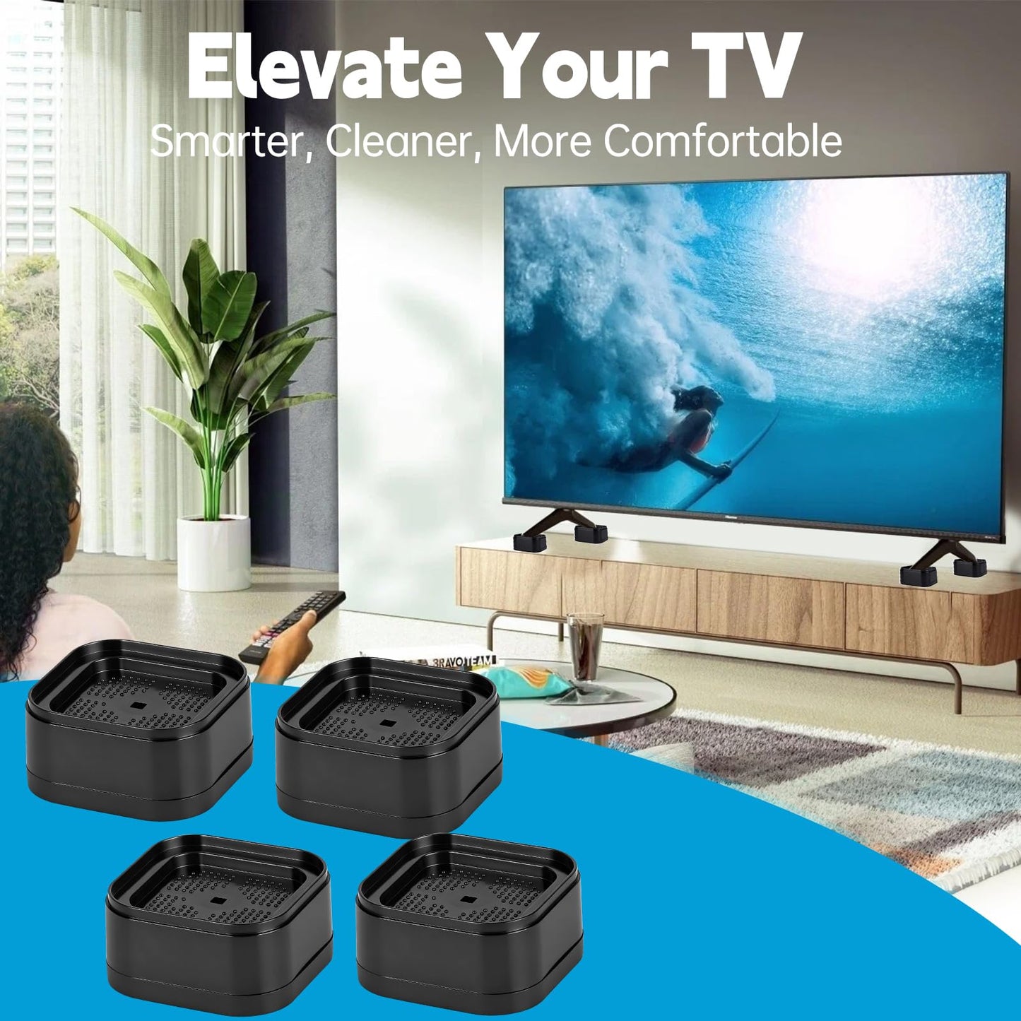 Piszvbej 4 Pack TV Stand Riser Blocks, Heavy-Duty Adjustable Height Blocks for Raising TV Stand, Rectangular Adjustable Block Lift, Durable Non-Slip Television Elevation Pads for Home and Office