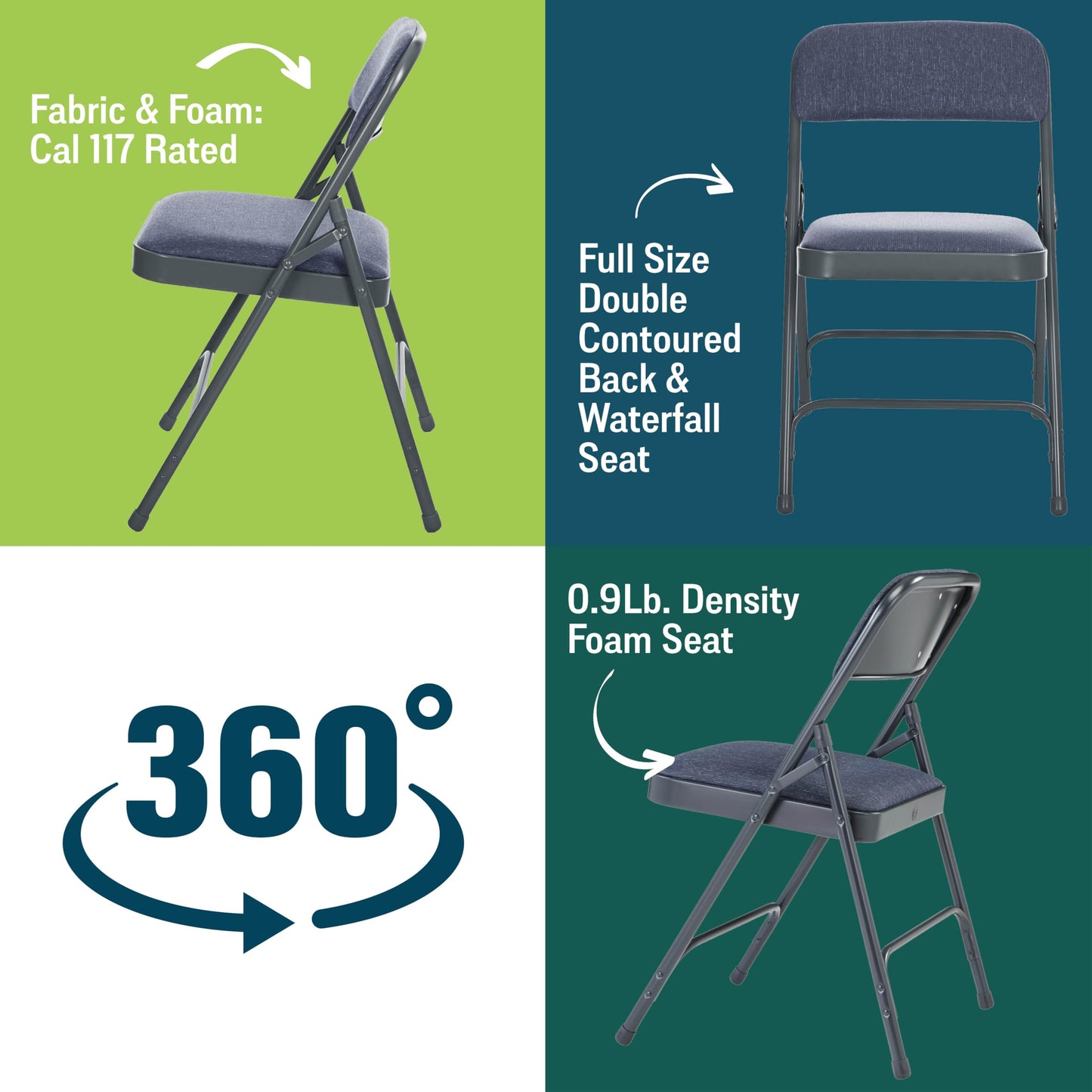 Premium Padded Portable Folding Chairs by National Public Seating – 2200 Series Upholstered, Heavy-Duty Foldable Chairs for Indoor & Outdoor Use – Set of 4, Comfortable & Durable, Char-Blue