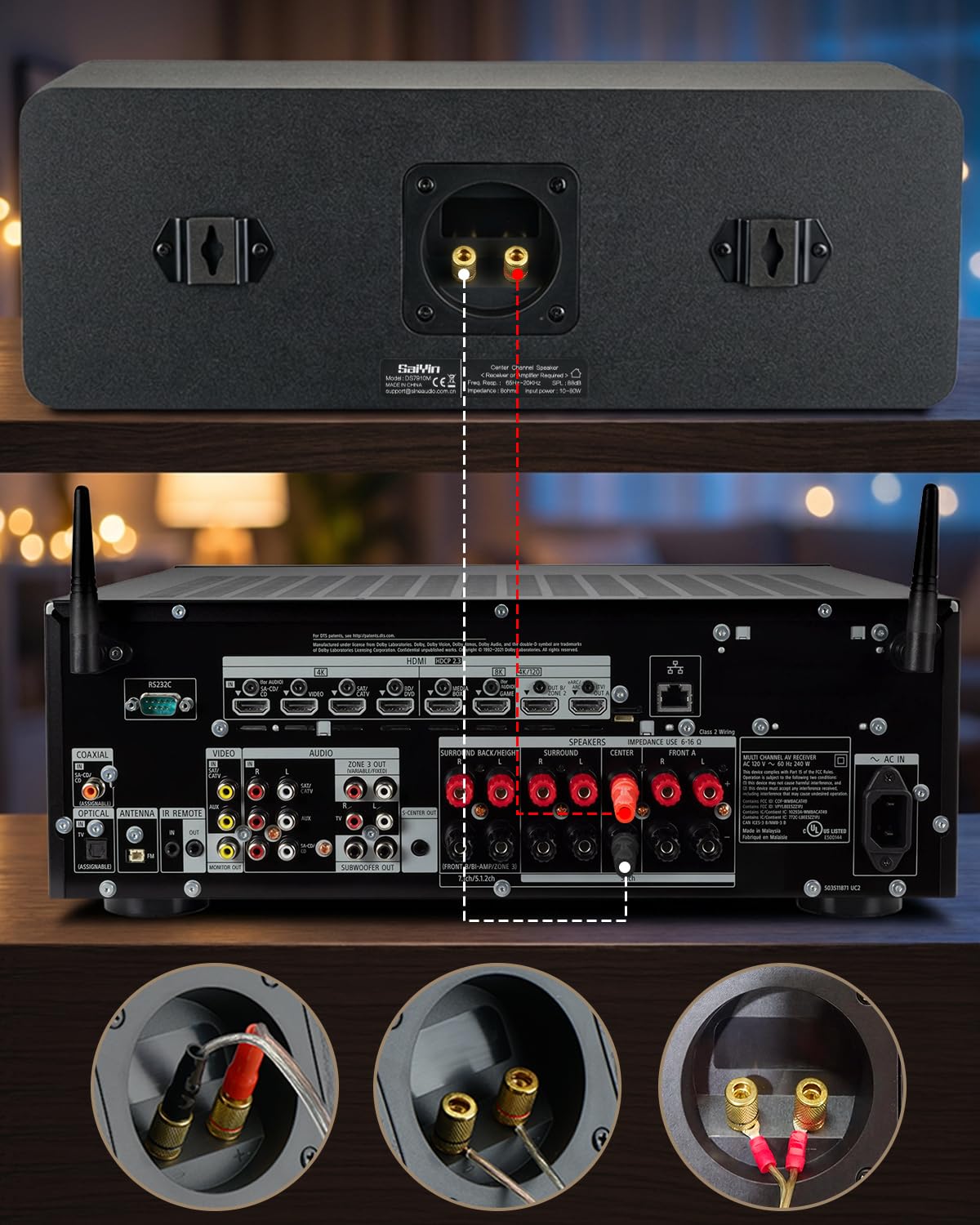 Saiyin Center Channel Speaker for Home Theater Surround Sound System with 5 inch Woofer, 8ฮฉ and 20mm Silk-Dome Horn Tweeter for TV, Receiver or Amplifier Required, Wall-mountable