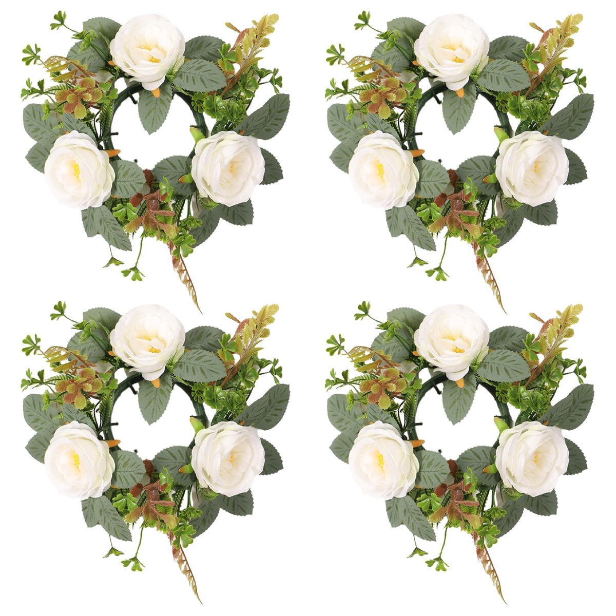 4 Pcs White Rose Candle Rings, Candle Rings Artificial Eucalyptus Leaves Wreaths Candle Rings Wreaths Greenery Wreath Candle Rings for Wedding Centerpiece Party Home Table Decor