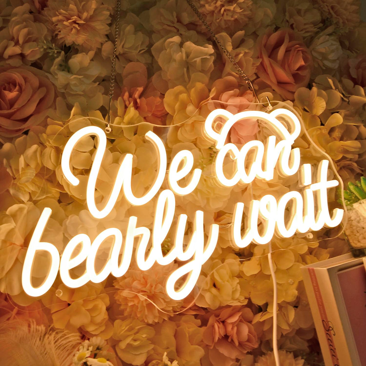 Planzo We Can Bearly Wait Led Neon Light SIgn Baby Shower Wedding Baby Kids Room Nursery Bedroom Hanging Wall Sign Decor USB Bear Light Up Sign 15.7"x8.7"
