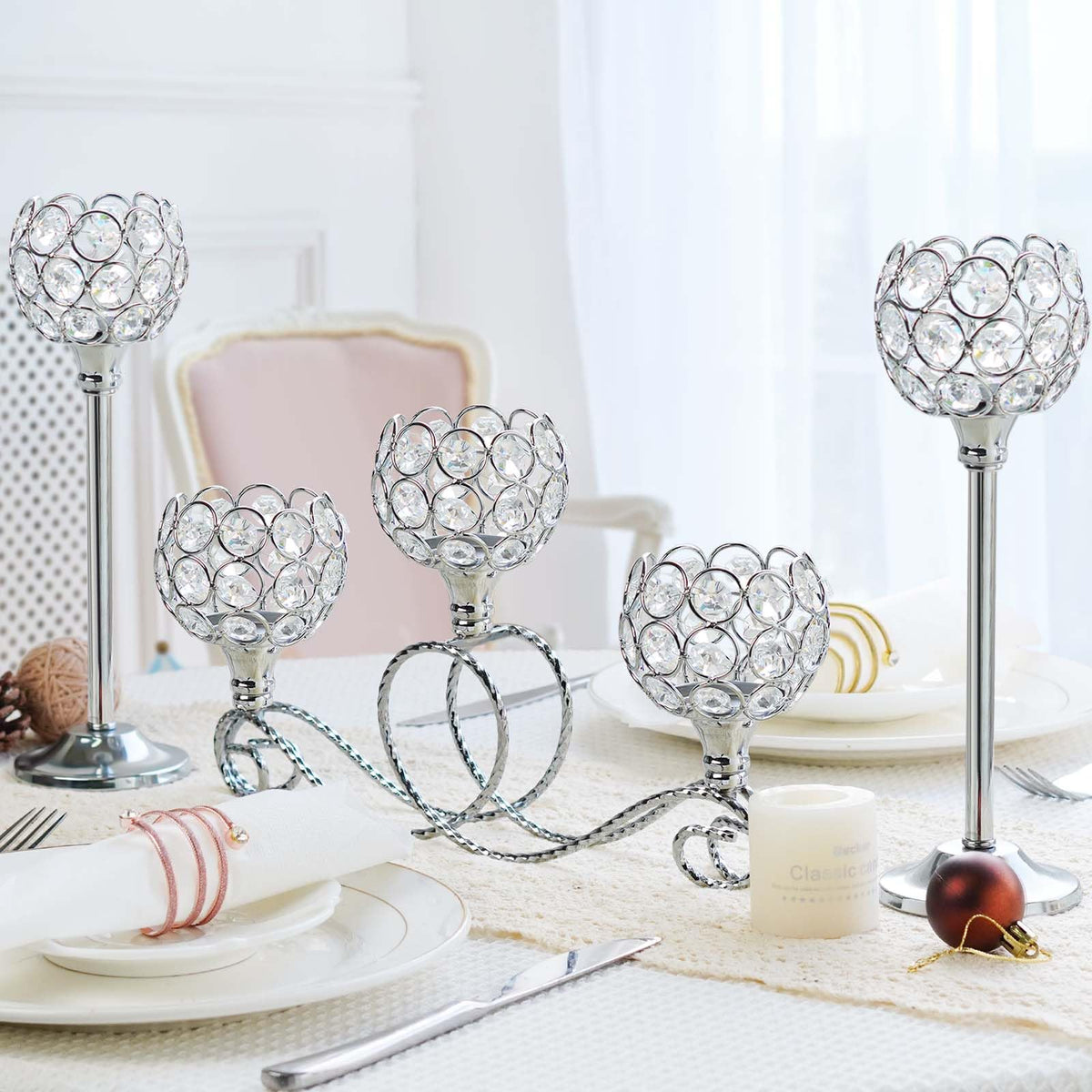 Silver 5 Arm Metal Crystal Tea Light Candle Holder, Elegant Wedding Table Centerpiece Candle Holder, Christmas Wishing Crystal Bowl Candle Holder Suitable for Wedding Party Living Room Decoration