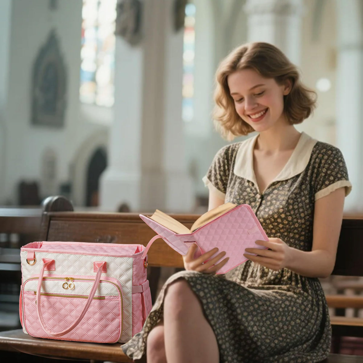 Large Bible Bag with Bible Cover Case for Women,Church Tote Bag Travel Bag Diaper Bag with Shoulder Strap for Teachers, Nurses, Moms, Bible Lovers (Pink)