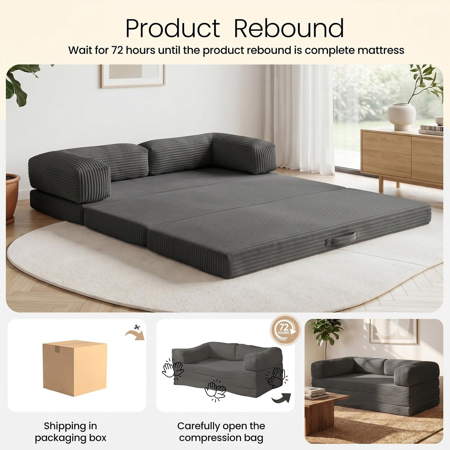 Erament Futon Sofa Bed Queen, Convertible Tri Folding Mattress Couch Bed Foldable with Removable Armrests & Washable Cover, Floor Mattress with High-Density Foam, Small Couch Bed, Queen, Grey