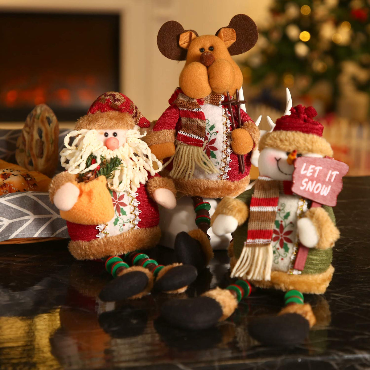 Sumind 3 Pcs Christmas Sitting Doll Santa Claus Snowman Reindeer Sitter Christmas Ornament with Long Legs Xmas Figurines Plush for Table Fireplace Home Decoration