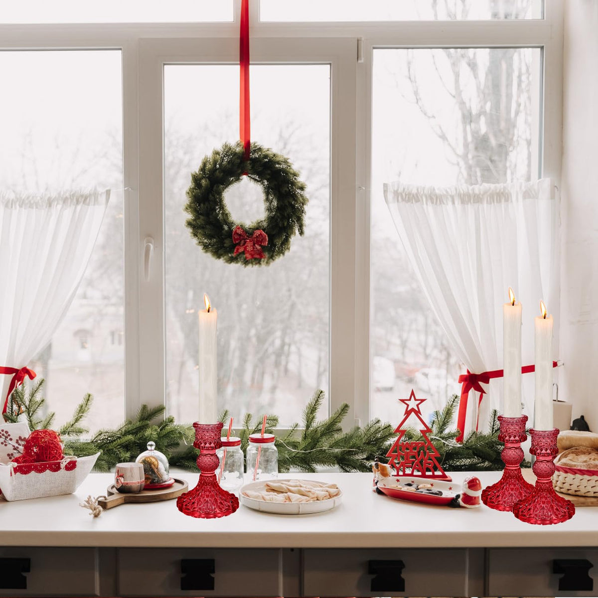 Glass Candlestick Holders Set of 2,Taper Candle Holders Fit 0.8 Inch Candles, Crystal Decorative Candle Stand Centerpiece for Table Wedding Dinning Party 4 Inch Tall (Red)