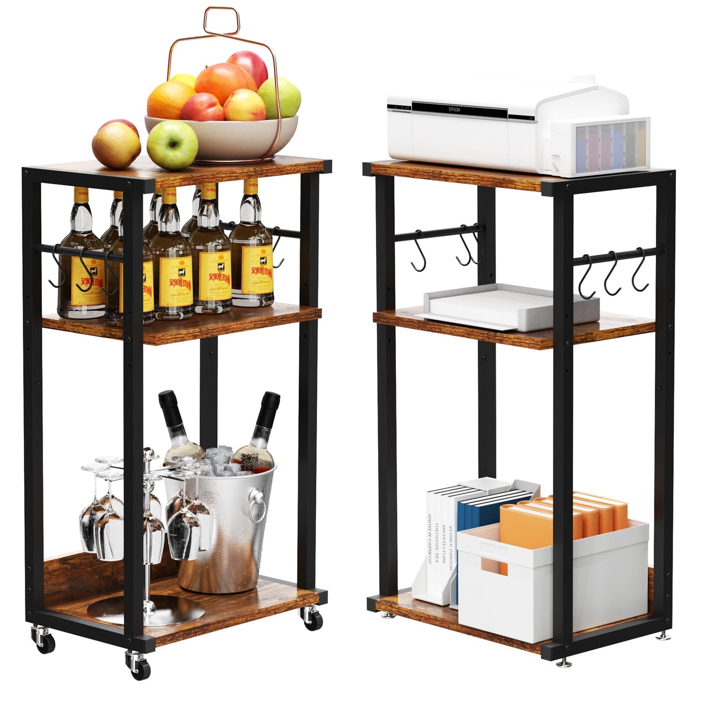 YMYNY Mobile Printer Stand, 3-Tier Printer Cart with Adjustable Storage Shelf and 6 S-Hooks, Tall Printer Table for Home Office, for Computer Tower Stand, Shredder, CPU Stand, Rustic Brown, UHPT002H