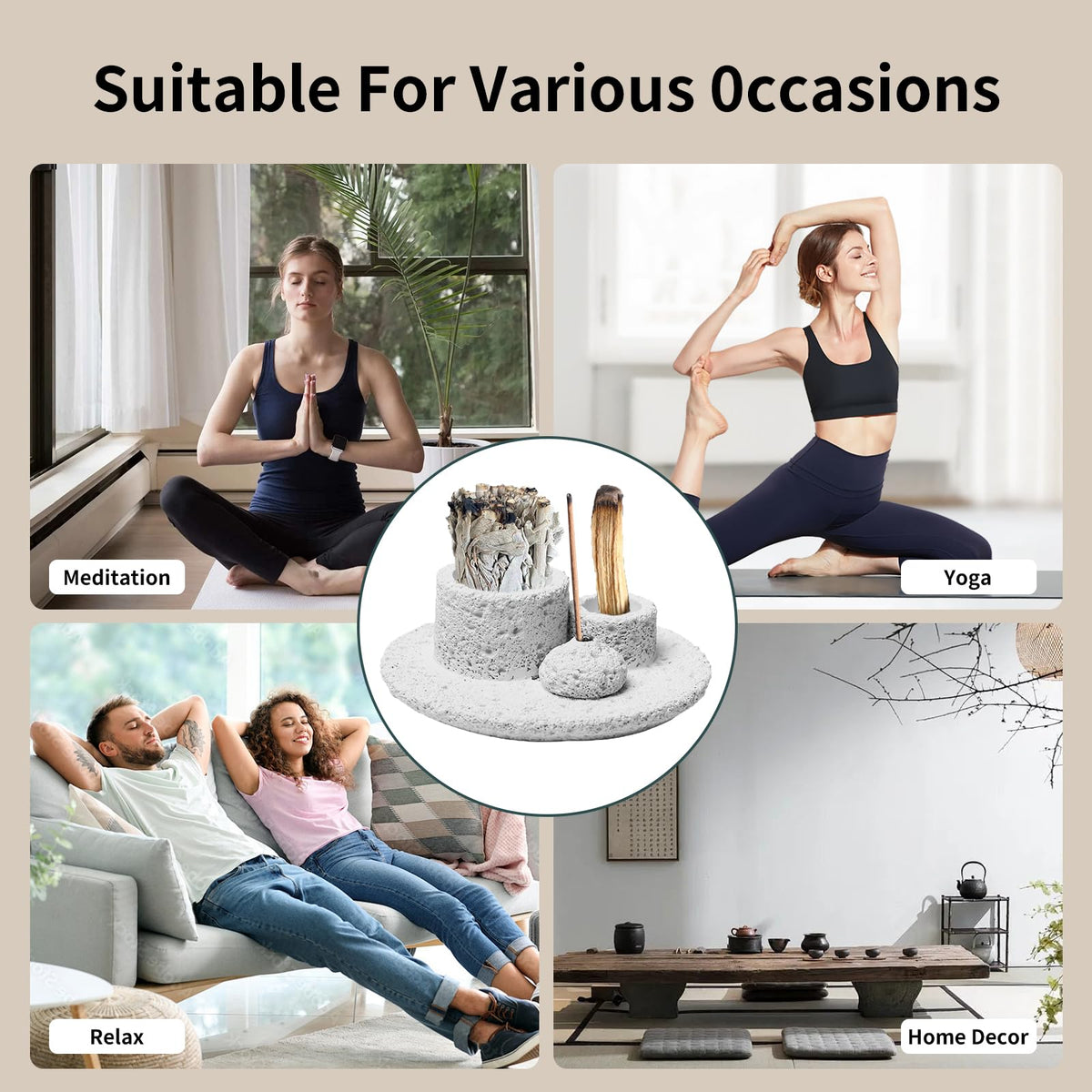 4 in 1 Cement Holder for Incense Sticks/Palo Santo/Sage Sticks/Candle