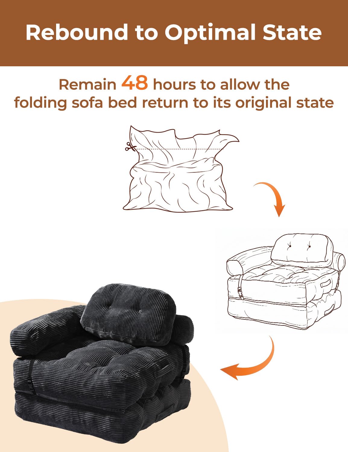 Vellorise Folding Sofa Bed, L-Shaped Couch Back Support and Arm Pillow Futon, Convertible Sofa Bed for Living Room/Guest Use/Home Office, Boneless Foldable Couch for Adults, Black