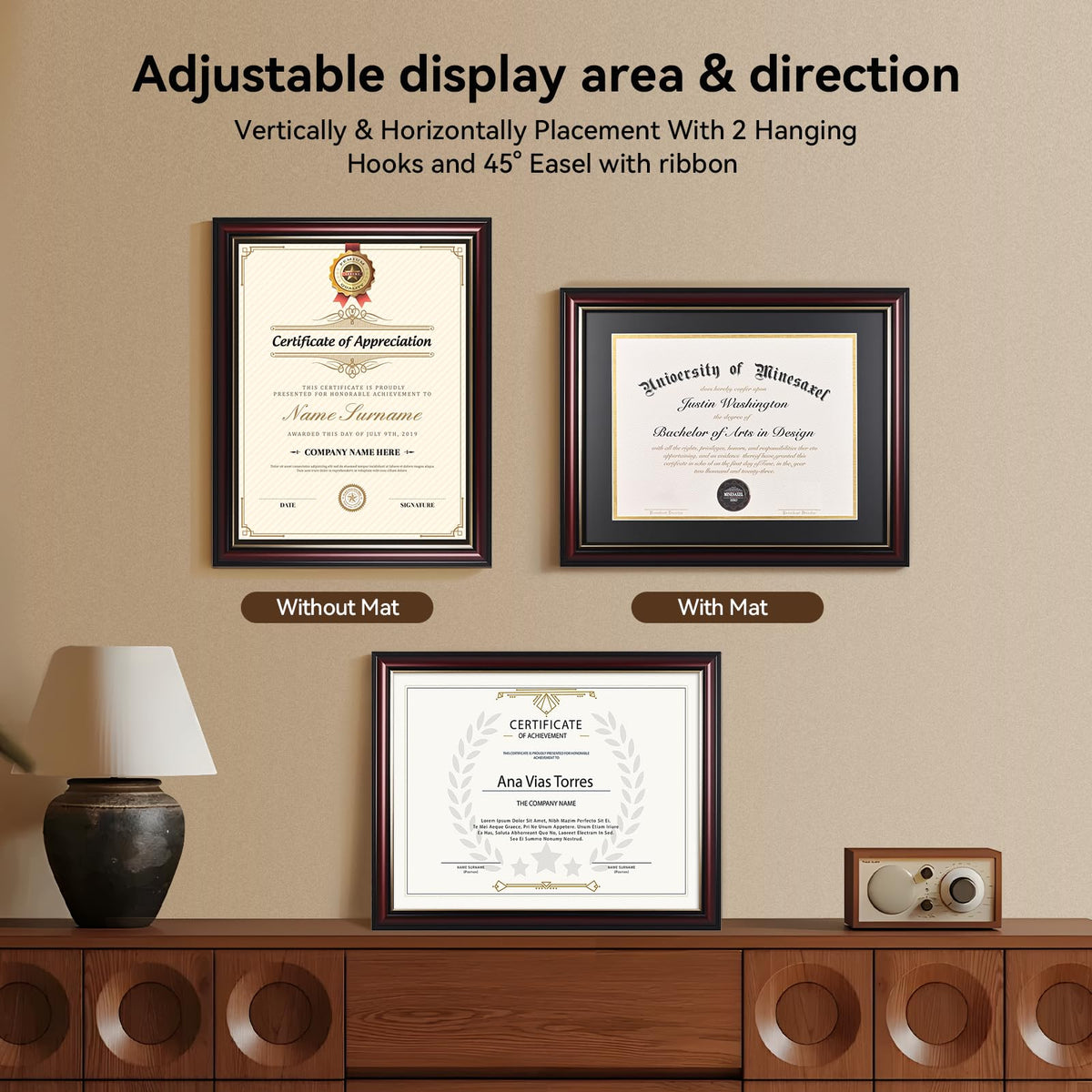 GAMYPET Solid Wood Diploma Frame 8.5 x 11 Certificate Frames with Black Mat or 11x14 Document without Mat as Graduation Picture Frame