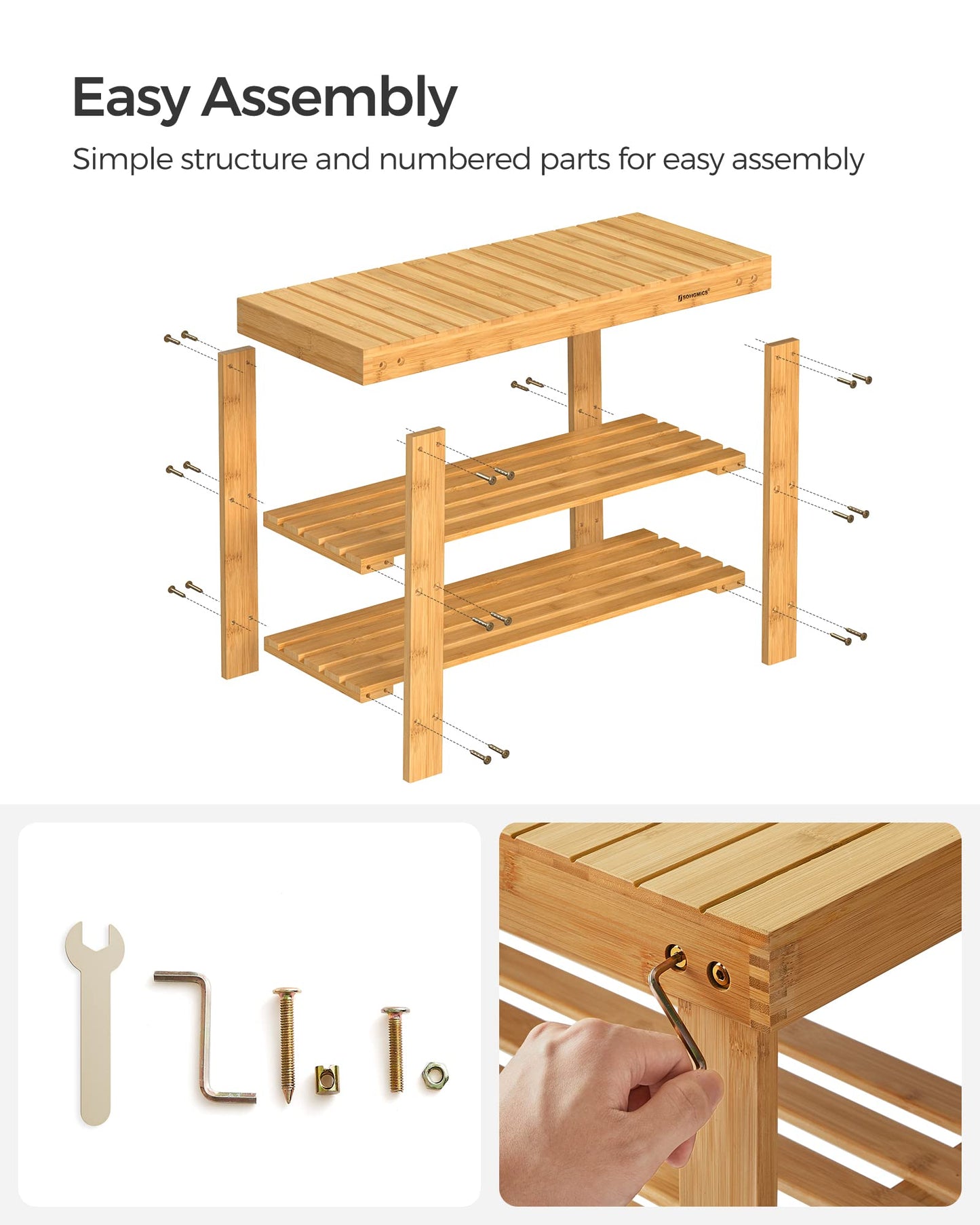 SONGMICS Shoe Rack Bench, 3-Tier Bamboo Shoe Storage Organizer, Entryway Bench, Holds Up to 286 lb, 11.3 x 27.6 x 17.8 Inches, for Entryway Bathroom Bedroom, Natural ULBS04N