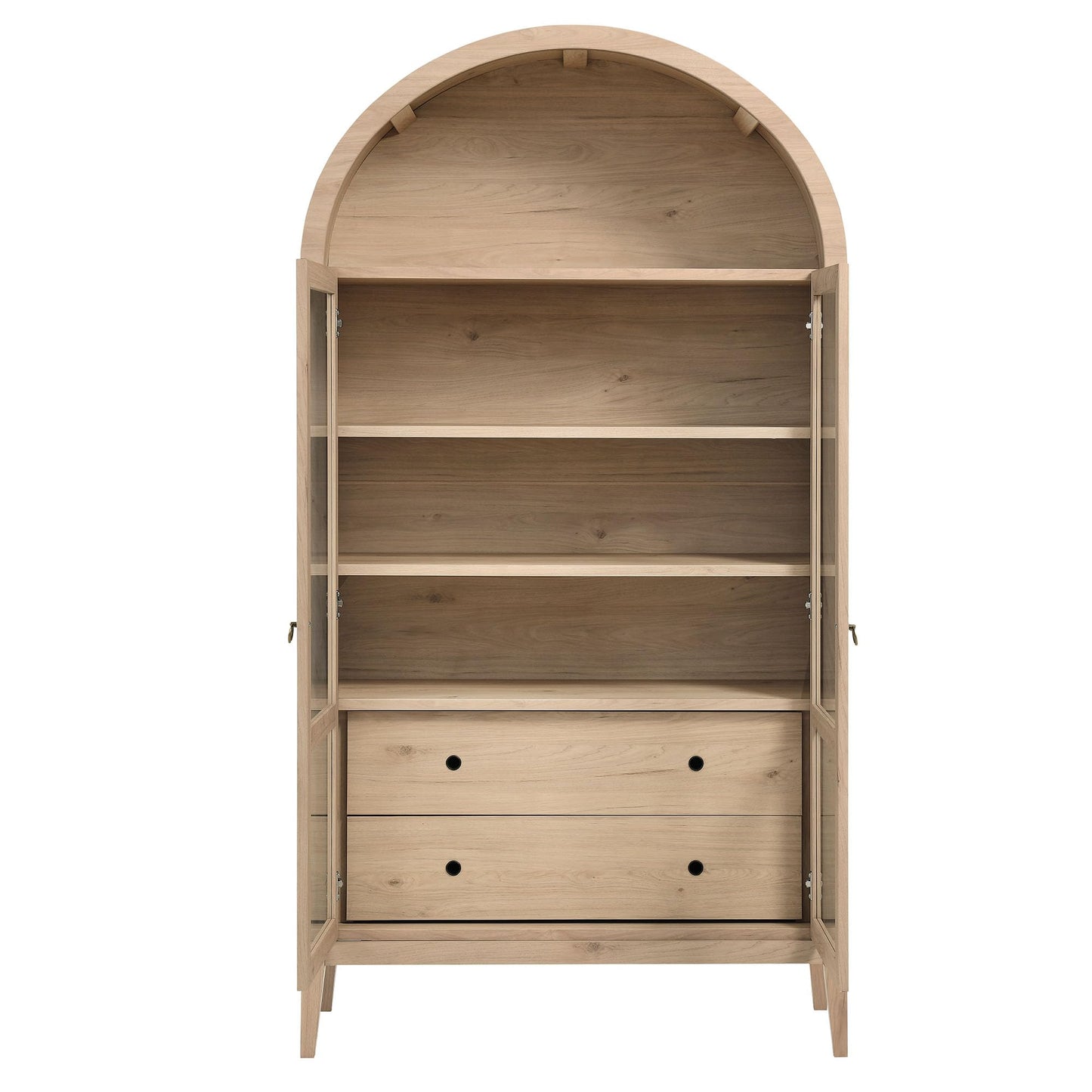 Modway Nolan Tall Arched Storage Display Cabinet in Light Oak - 74 Inch Arch Bookshelf with Glass Doors, Shelves and Drawers - Modern Accent Cabinet for Living Room, Dining Room