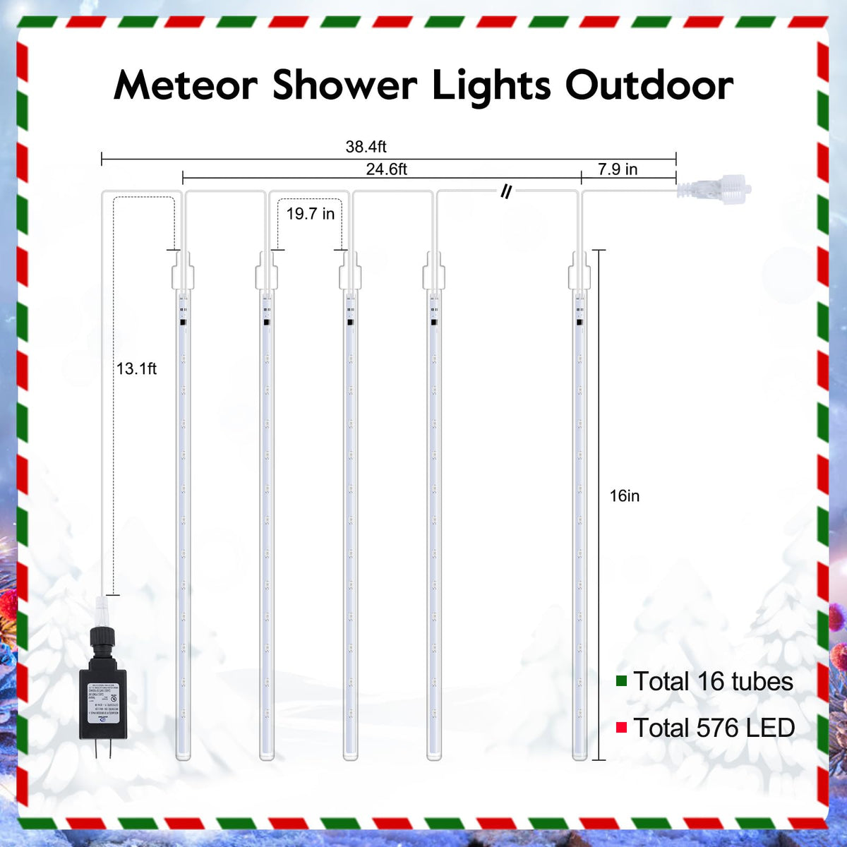 Brightown Meteor Shower Lights Outdoor, 16 Inches 16 Tubes 576 LED Icicle Lights, Waterproof Meteor Christmas Light Outdoor, Hanging Falling Rain Light for Tree Holiday Party Christmas, Warm White