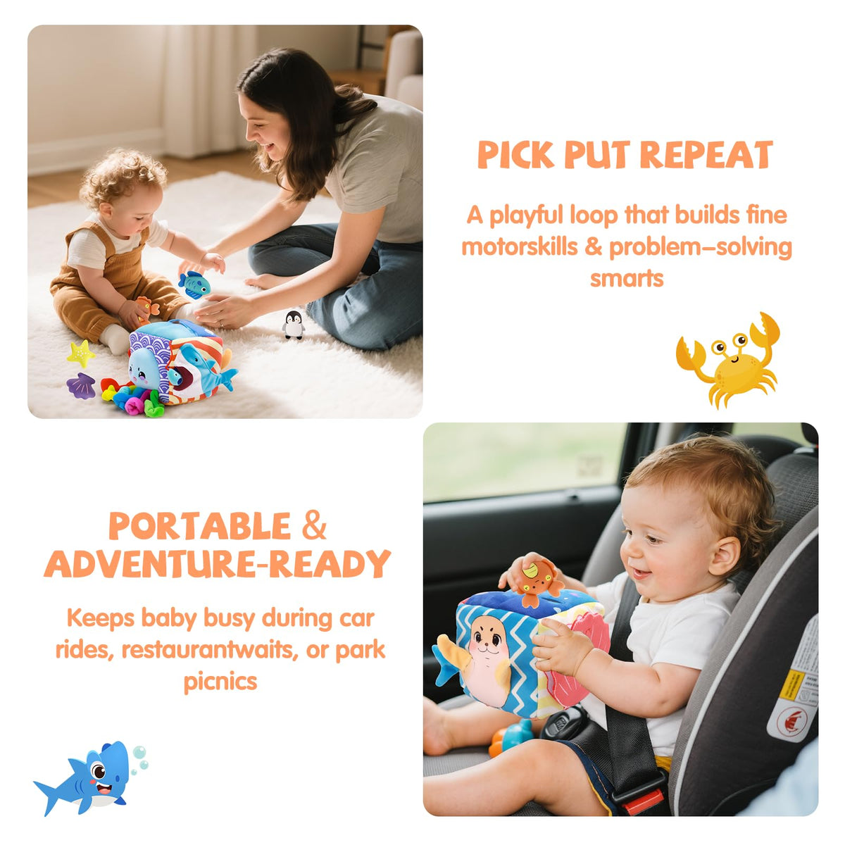 SAIMAND Baby Toys 6-12 Months–Mystery Soft Box with 5 Plush Marine Animals,Rattle,Crinkle Paper & Mirror–Montessori Sensory Toys for 6 Month Old Babies 1-3 Year Old Boy Girl Birthday