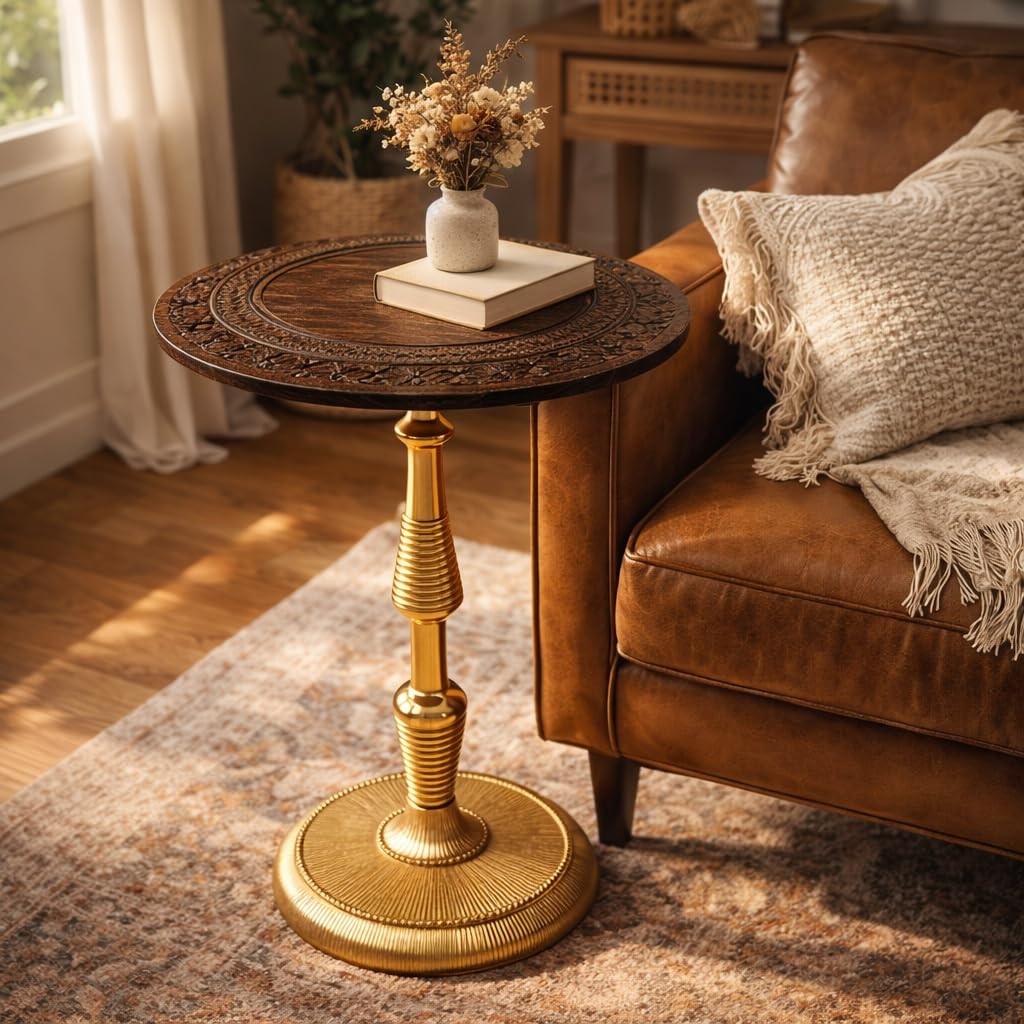 Alpha Living Home Rustic Wooden Top Side Table - Round Side Table, Modern Accent Nightstand with Aluminum Leg for Living Room, Bedroom, Corners, and Office 18x21 (Brown Gold)