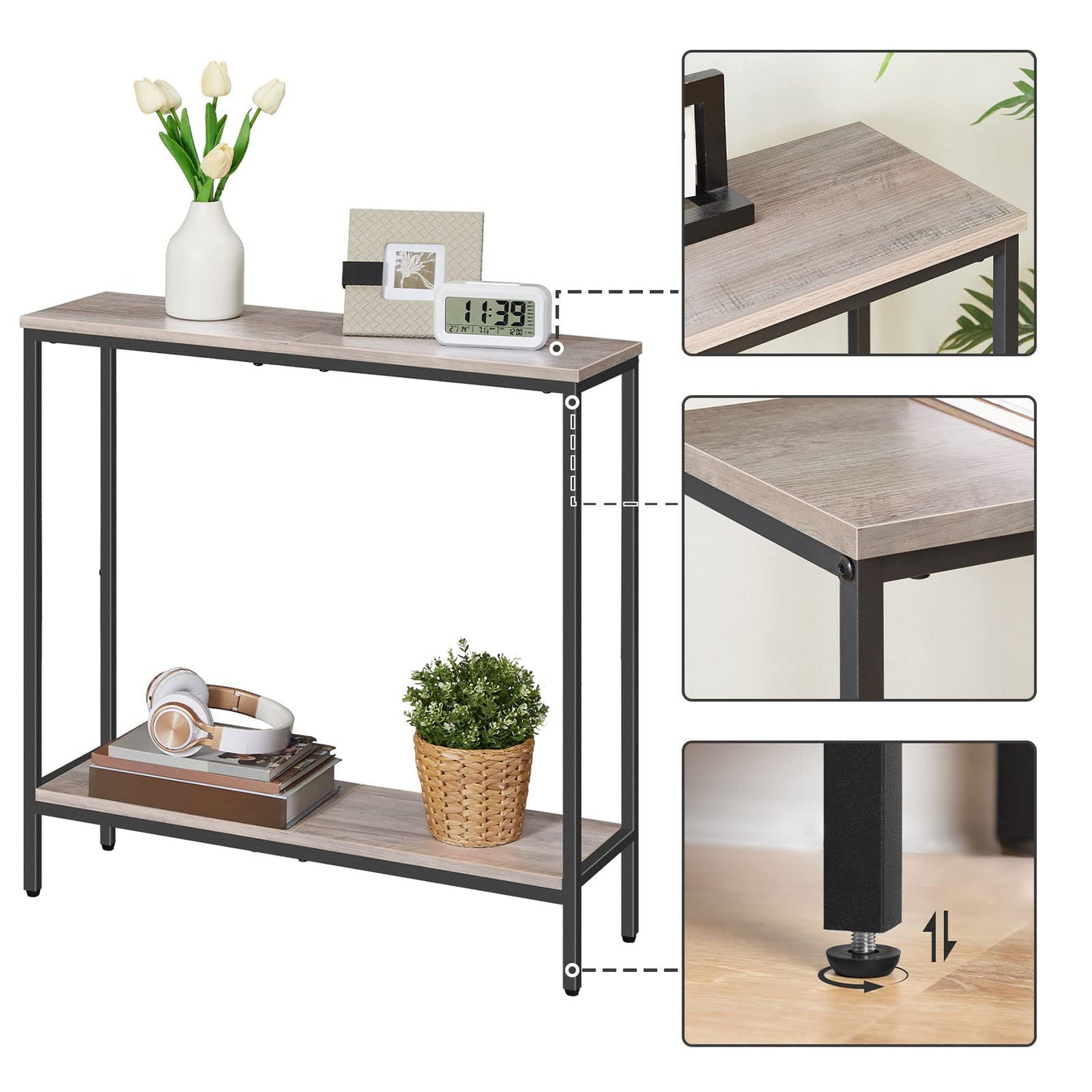 HOOBRO 29.5" L Narrow Console Table, Sofa Table Behind Couch with 2-Tier Storage Display Shelves, 8.7" D Small Entryway Table for Hallway, Foyer, Living Room, Bedroom, Greige and Black BG22XG01