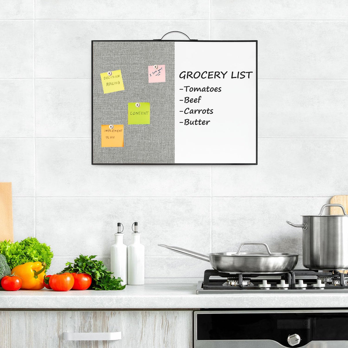 Small White Board Cork-Board Combo - 16 X 12 inches Gray Linen Board & Magnetic Dry Erase Board for Wall, Mini Bulletin Cork Board with Holder for Office, Home and School