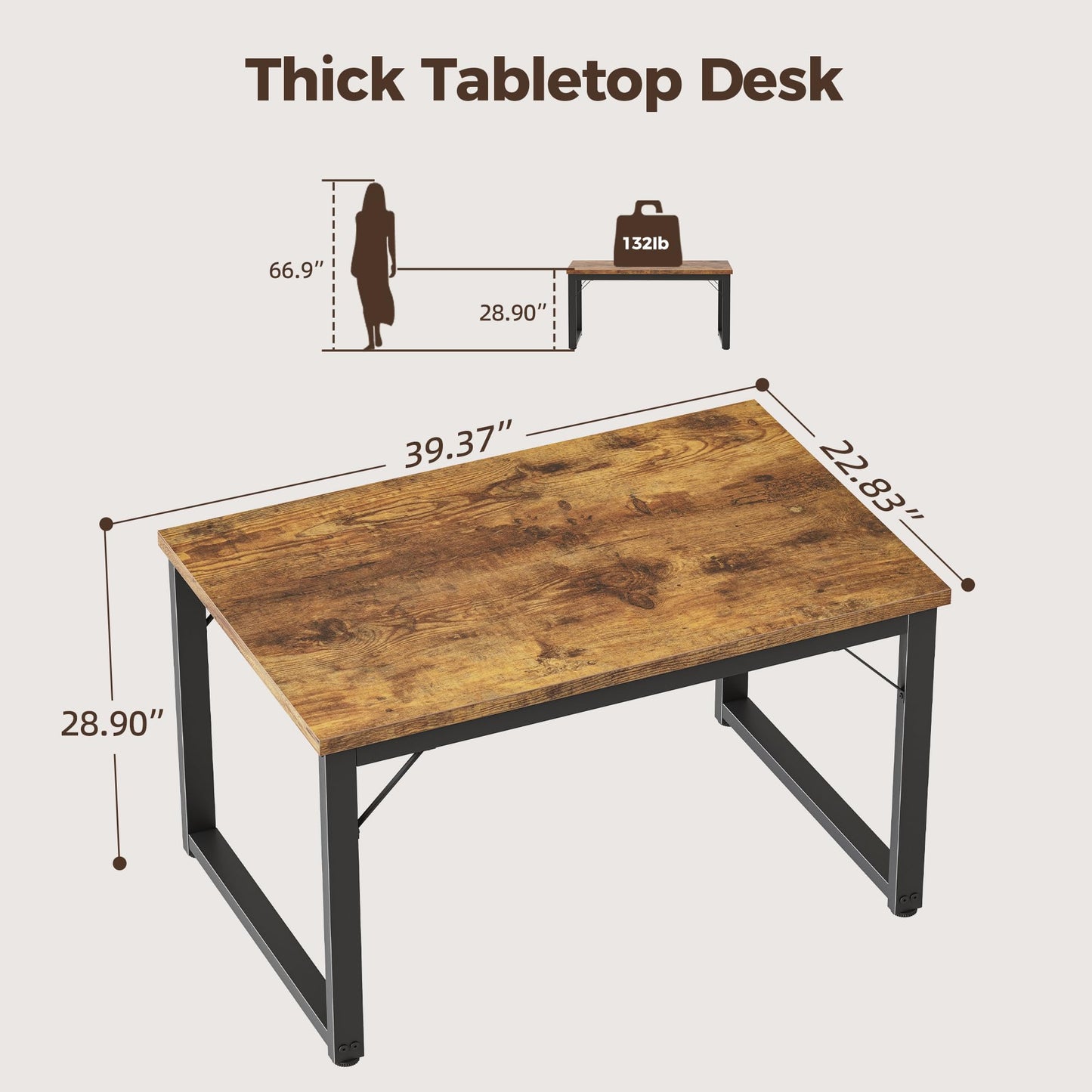 Mericonia 40 Inch Computer Desk, 1" Thick Modern Simple Study Writing Table, Heavy Duty Industrial Office Desk for Home Bedroom Workstation, Brown
