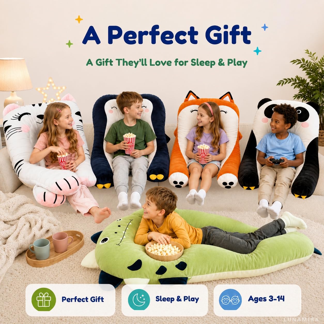 LUNAMIRA Dino Kids Body Pillow - 47" U-Shape Long Plush Soft Animal Pillow for Kids, Sleeping, Reading, ADHD & Special Needs Comfort, Anxiety, Washable Cover, Snuggle Fun Cuddle Gift for Boys & Girls