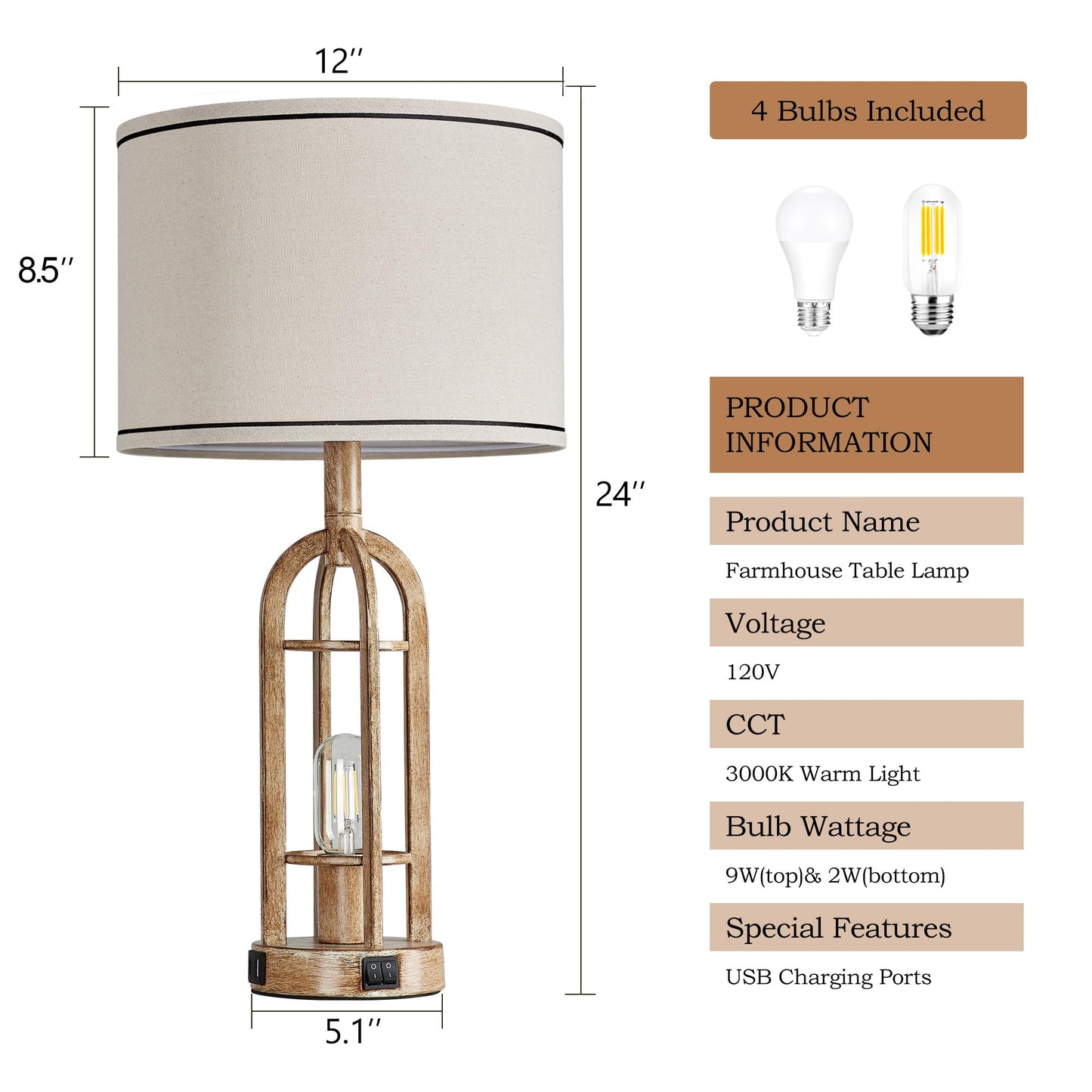 SRJJA Farmhouse Table Lamps for Living Room End Table Set of 2 - Rustic Bedside Lamps for Bedroom Nightstand with Night Light & USB A+C, Bulbs Included