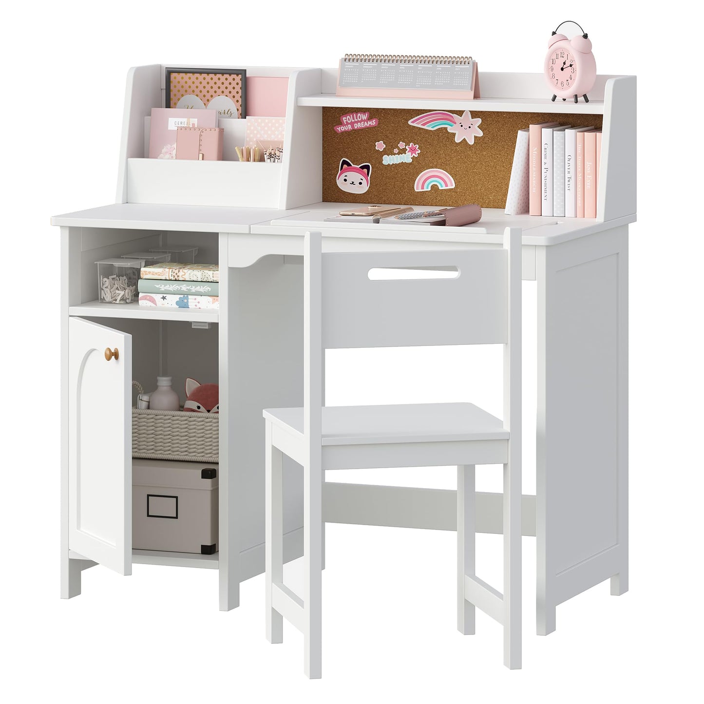 Treocho Kids Study Desk and Chair Set, Kids Desk with Hutch and Tiltable Desktop for 3-8 Years Old, Wooden Children Study Table with Storage Cabinet, Student Writing Desks Bedroom, Home School, White