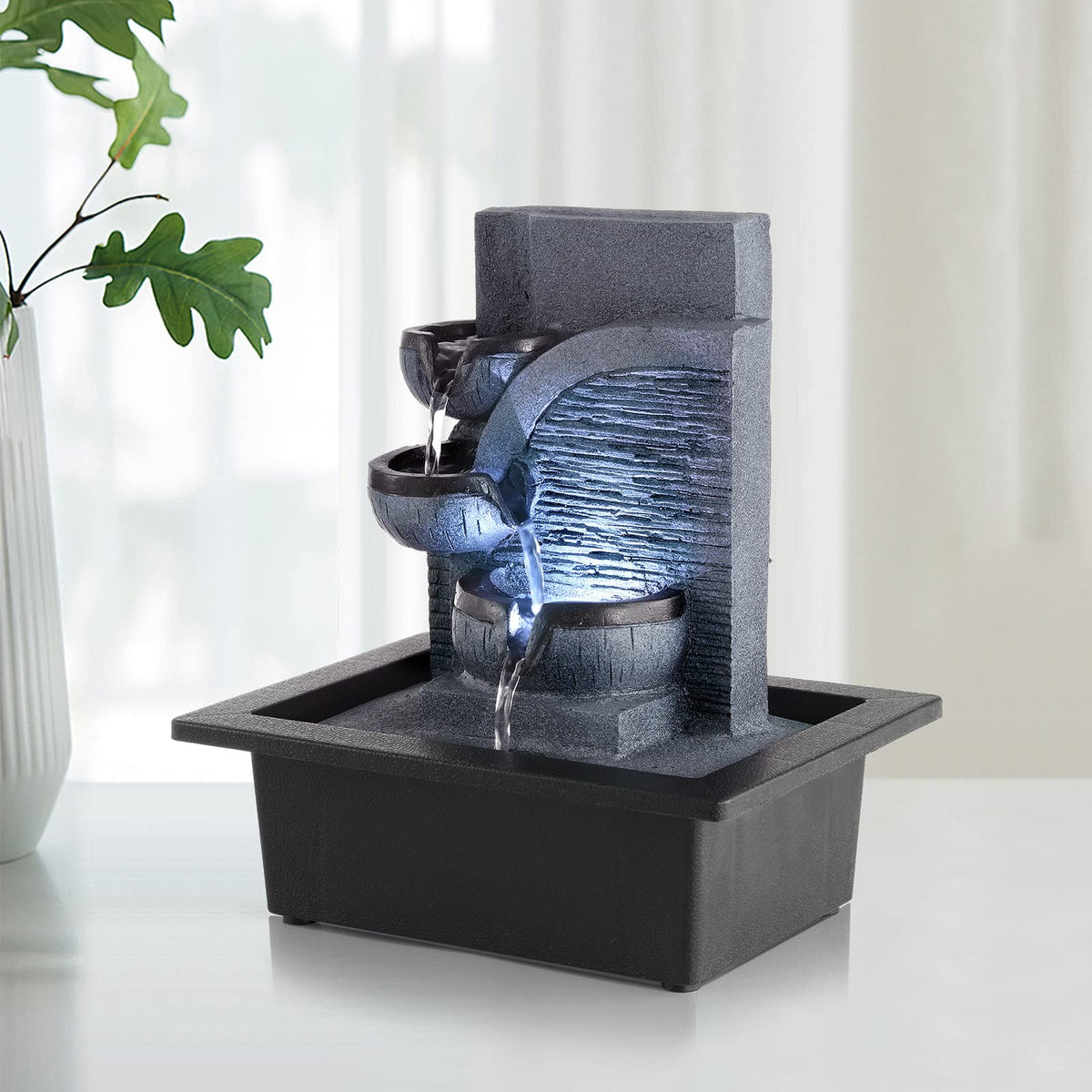 WICHEMI Tabletop Water Fountain with LED Lights Indoor Waterfall Fountains Relaxing Water Feature Indoor Fountains Zen Meditation Desktop Fountain for Home Office Bedroom Decor (Style 6)
