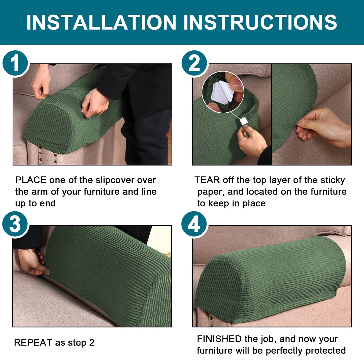 Turquoize Stretch Armrest Covers for Chairs and Sofas Couch Arm Covers for Sofa Spandex Jacquard Armrest Cover Anti-Slip Furniture Protector Armchair Slipcovers for Recliner Set of 2, Bronze Green