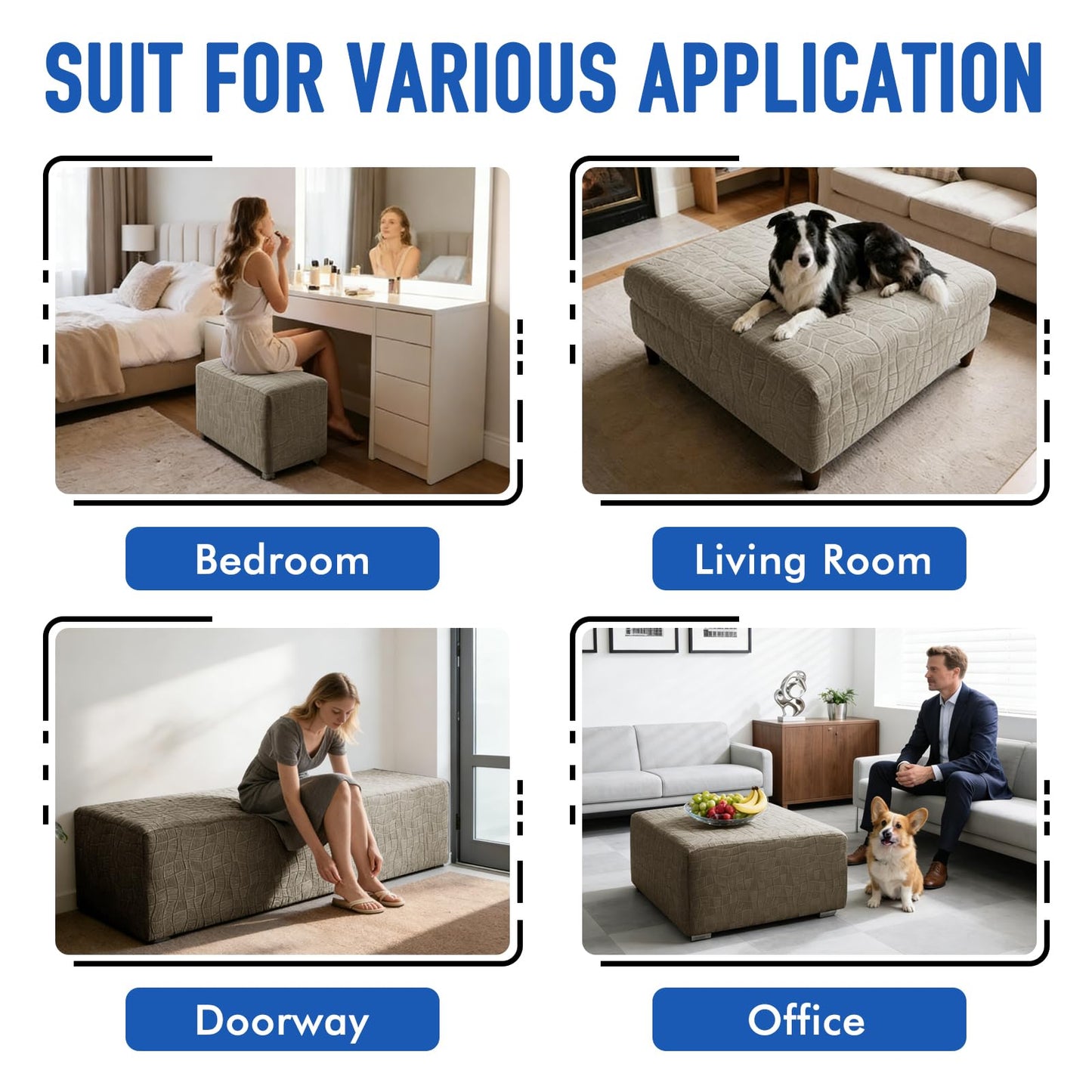 MAXIJIN Waterproof Ottoman Cover Rectangle Stretch Ottoman Slipcovers Square Thick Stool Covers Storage Footrest Furniture Protector with Non-Slip Elastic Bottom (Small, Khaki)