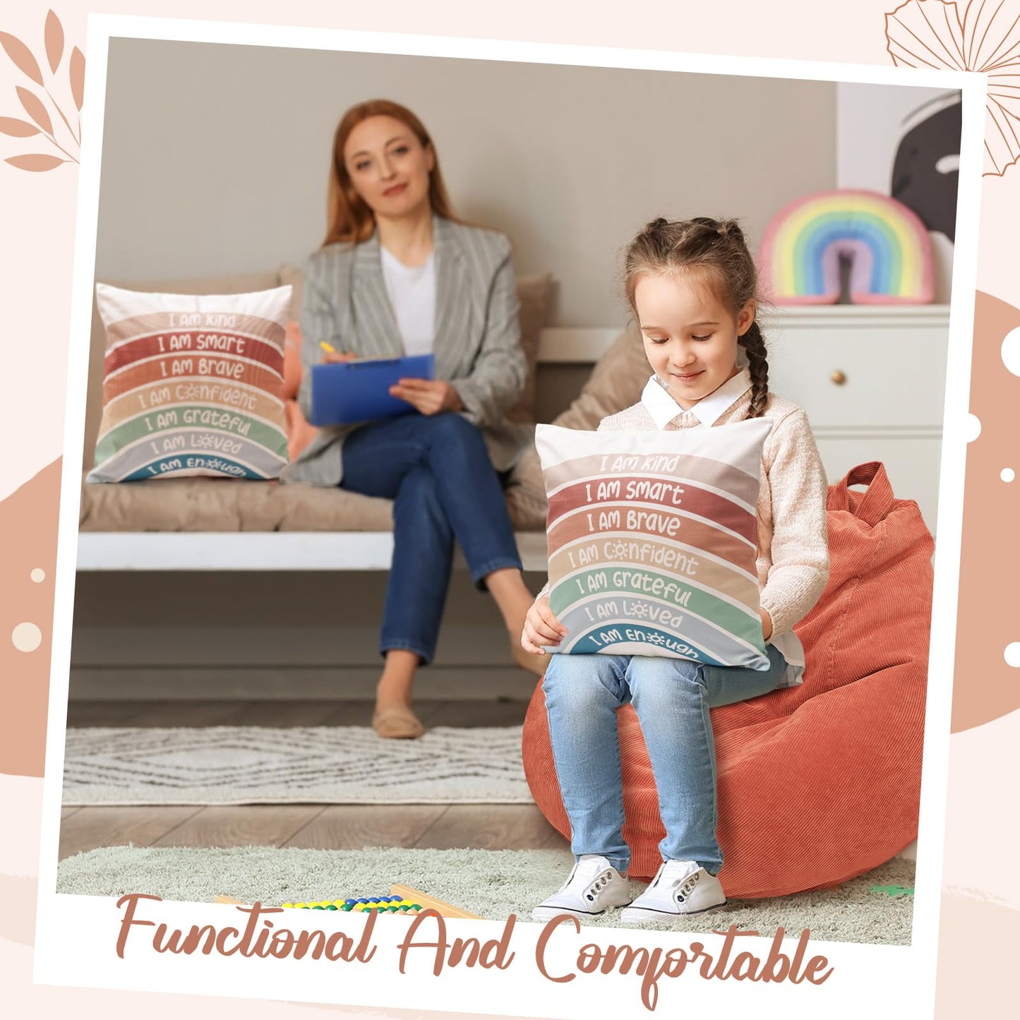 Cozy Corner for Kids Classroom, Plush Storage Bean Bag Cover (No Filler) and Rainbow Throw Pillow Covers, Reading Calming Corner Decor, Reading Nook, Nursery, Playroom Decor(Small,Rainbow,Dusty Pink)