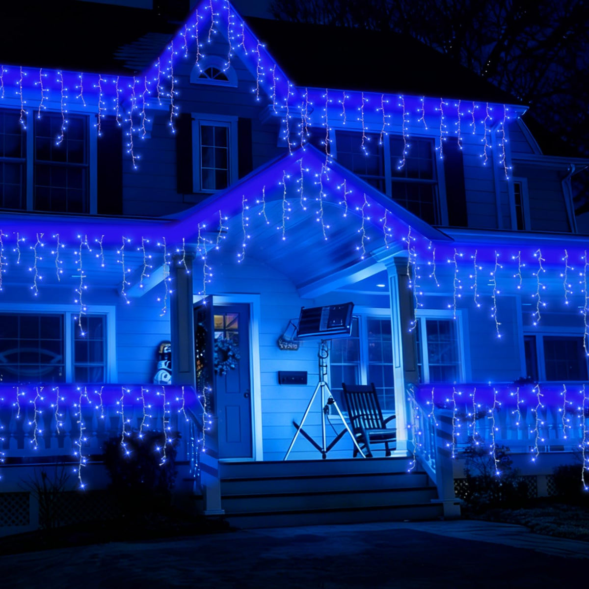 QITONG Blue Icicle Lights for Outside, 33ft 400 LED String Lights Plug in with 8 Modes, Clear Wire Connectable Icicle Christmas Light Indoor