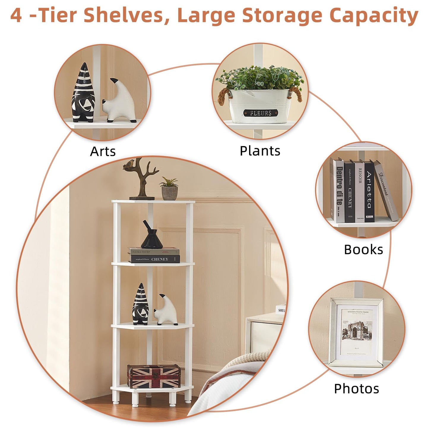 YUFAM 4-Tier Corner Shelf with Sturdy 5-Leg Base, Wooden Corner Bookshelf for Small Spaces, Corner Standing Shelf for Living Room, Bedroom, Office, Grey White