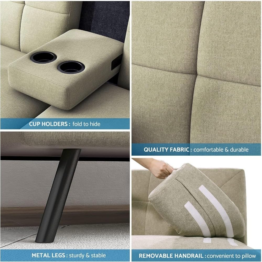 Convertible Linen Fabric Lounge Couch with Cup Holders