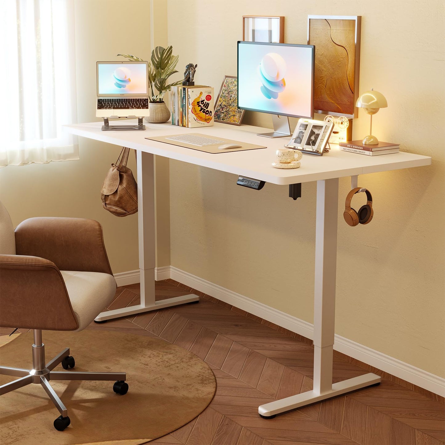 Monomi Electric Standing Desk, 63 x 28 inches Height Adjustable Ergonomic Home Office Sit Stand Up Desk with Memory Preset Controller (White Top/White Frame)