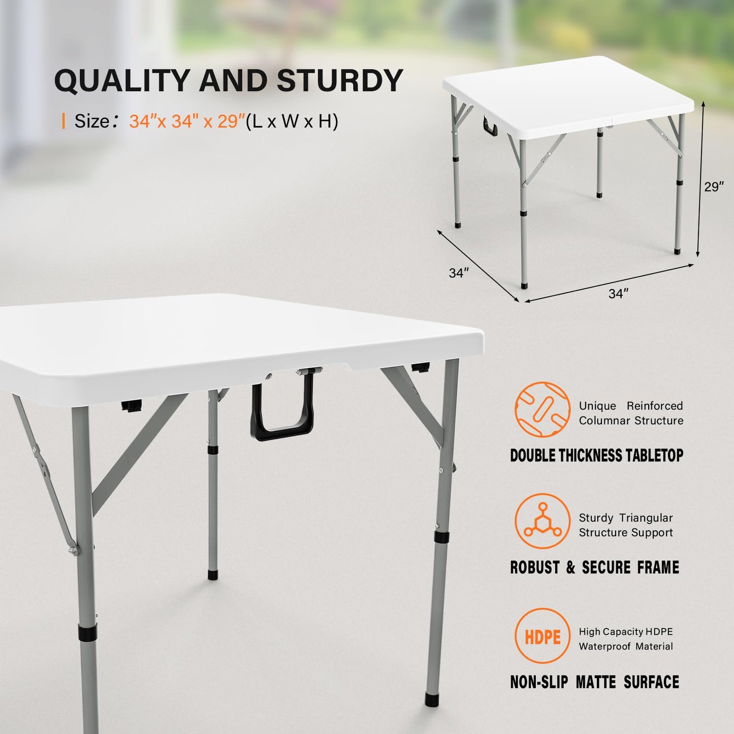 VINGLI 34" Fold in Half Square Table, Bi-Folding Commercial Portable Plastic Dining Table for Kitchen Outdoor Party Wedding Event, White