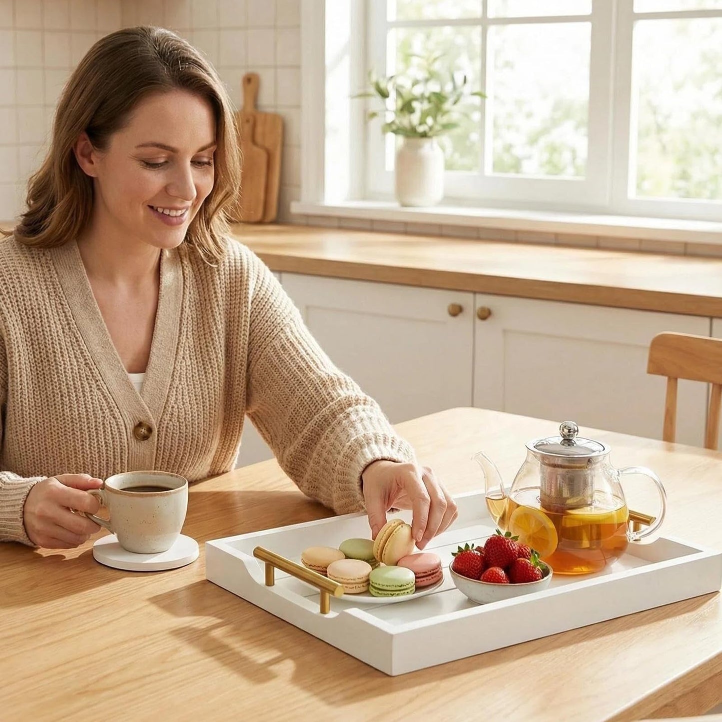 ComfyTune Wood Serving Tray with Metal Handles, 17x13in Large Wooden Tray for Ottoman, Coffee Table, Breakfast, Dinner & Bar, Decorative Tray for Living Room, Bedroom, Bathroom and Kitchen, White