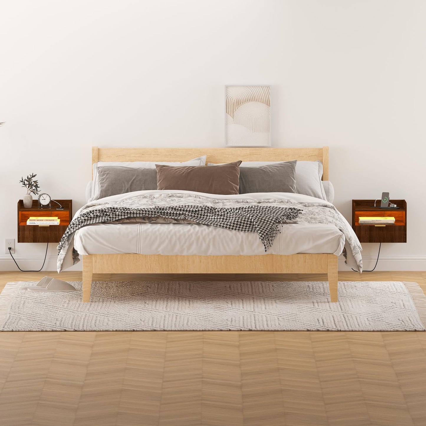 Veegle Floating Nightstand with Charging Station and LED Lights (Walnut Brown)