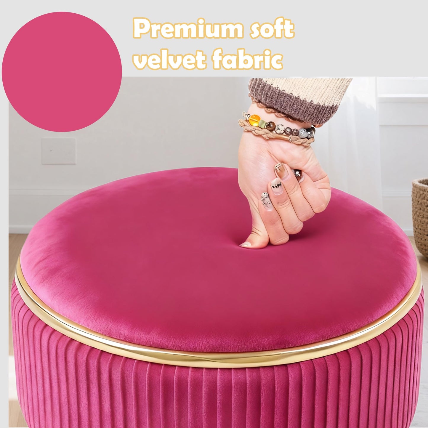 MRITWAII Adjustable Vanity Stool with Storage, 360° Swivel Makeup Stool Chair Small Velvet Round Ottoman with Gold Base for Bedroom (Hot Pink)