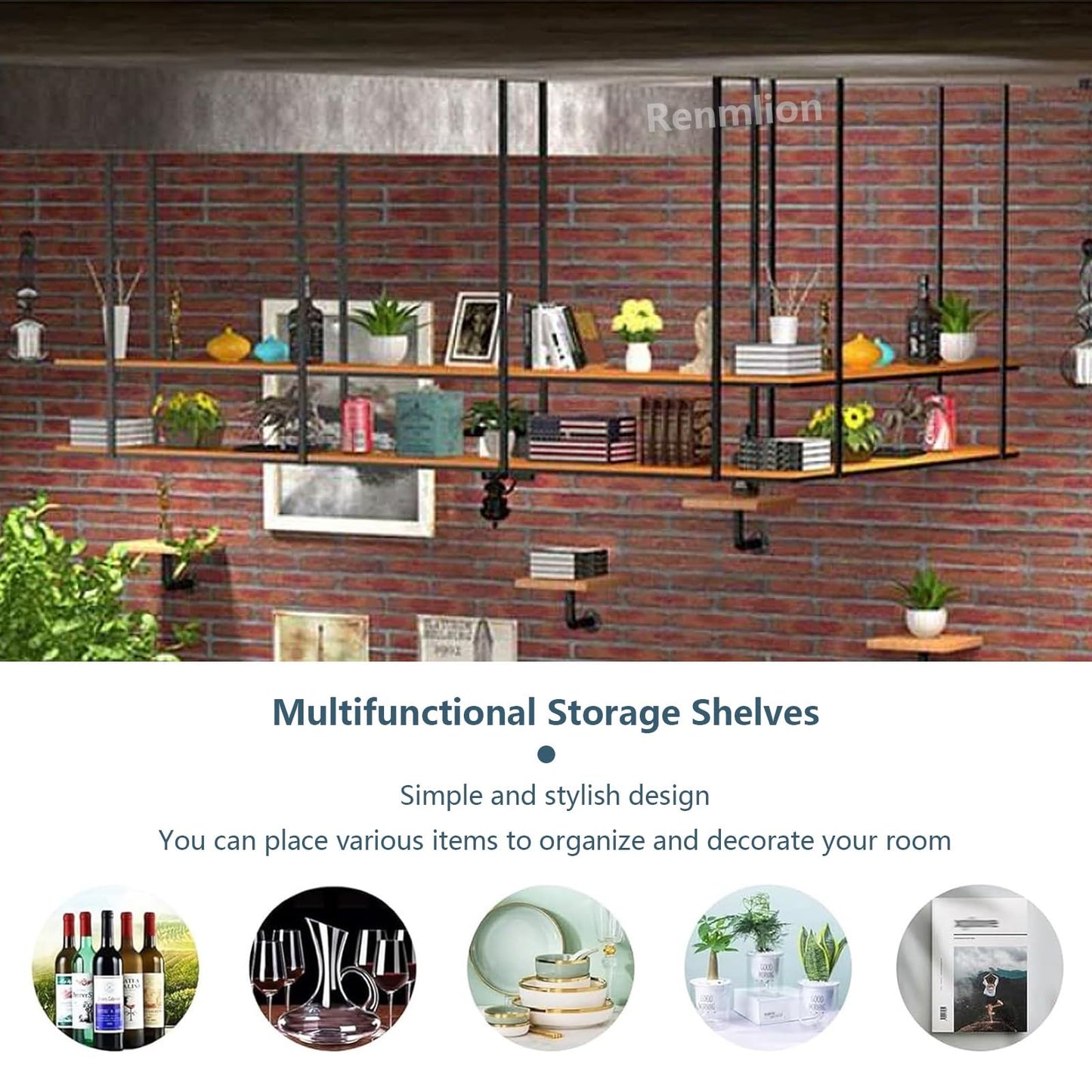TELAIUS Ceiling Hanging Wine Rack, 2 Tiers Floating Shelves Wooden Decorations Display Rack Metal Plant Flower Pot Stand Wall Mounted Storage Shelving for Bar Cafe Kitchen(80x30x80cm)