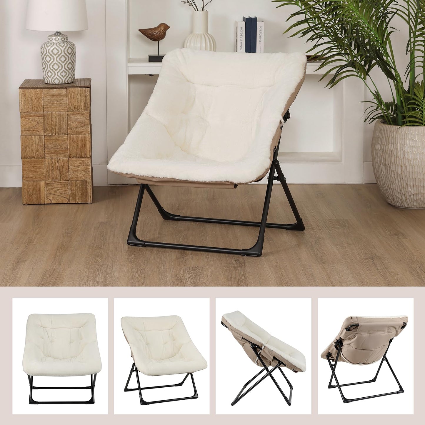 Mordchil HF Comfy Saucer Chair for Adults, Soft Faux Fur Bedroom Chair, Accent Dorm Chairs, Flexible Living Room Reading Chairs, Oversized Folding Seat for Teens, X-Large, Beige