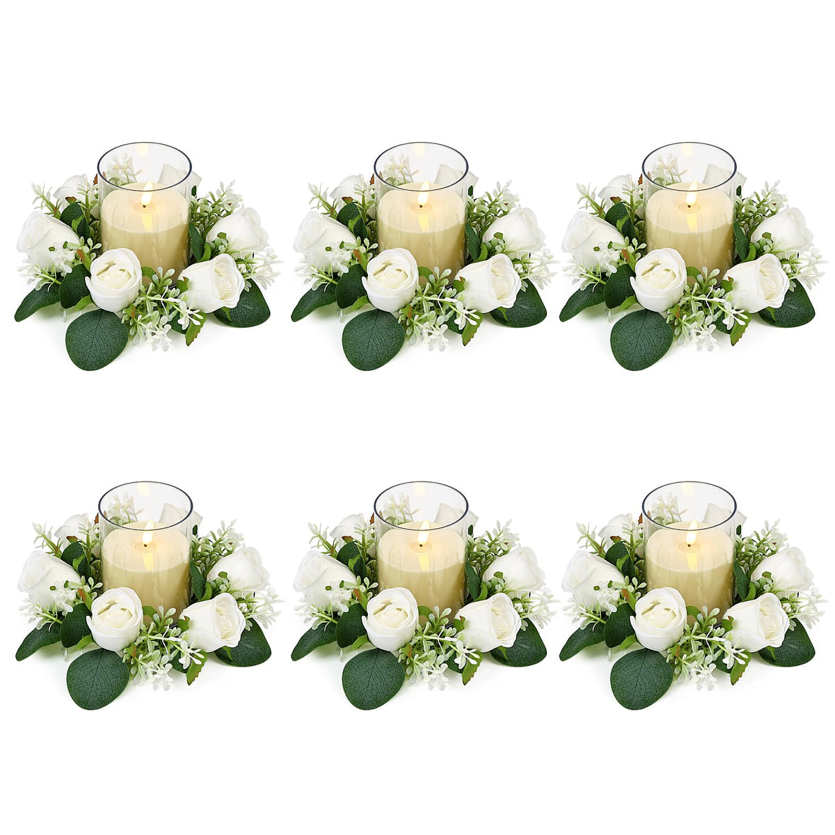 Acmee White Rose Candle Rings with Flameless Candles Sets - 12PCS Artificial Flower Eucalyptus Wedding Centerpiece 3 Inch Pillar Candleholders Wreaths for Wedding Party Decor (White - 6 Sets)
