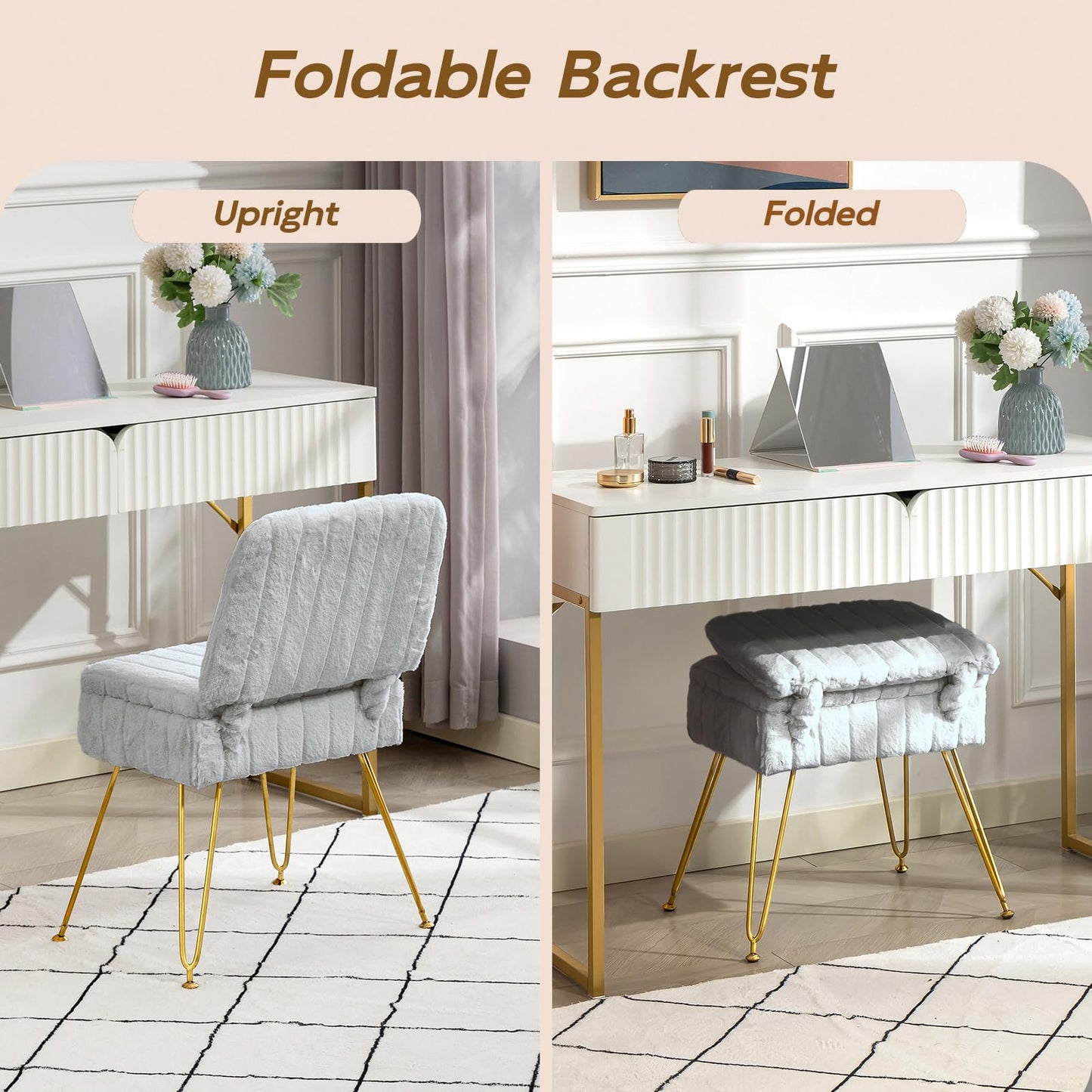 Manyday Vanity Chair with Storage, Comfy Ottoman with Folding Back, Faux Fur Vanity Stool with 4 Metal Legs for Make Up, Furry Padded Seat with Anti-Slip Feet for Bedroom Dressing Room, Light Gray