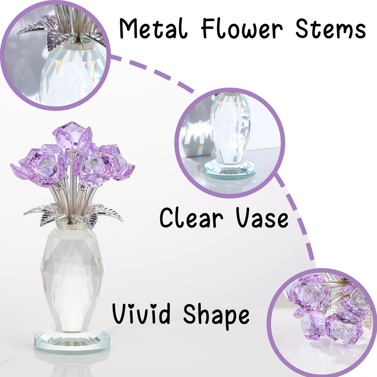 Arikyrist Crystal Purple Rose Flower Gifts for Women Collectible Glass Roses Bouquet Romantic Crystal Rose Figurines for Adults on Birthday Wedding Christmas