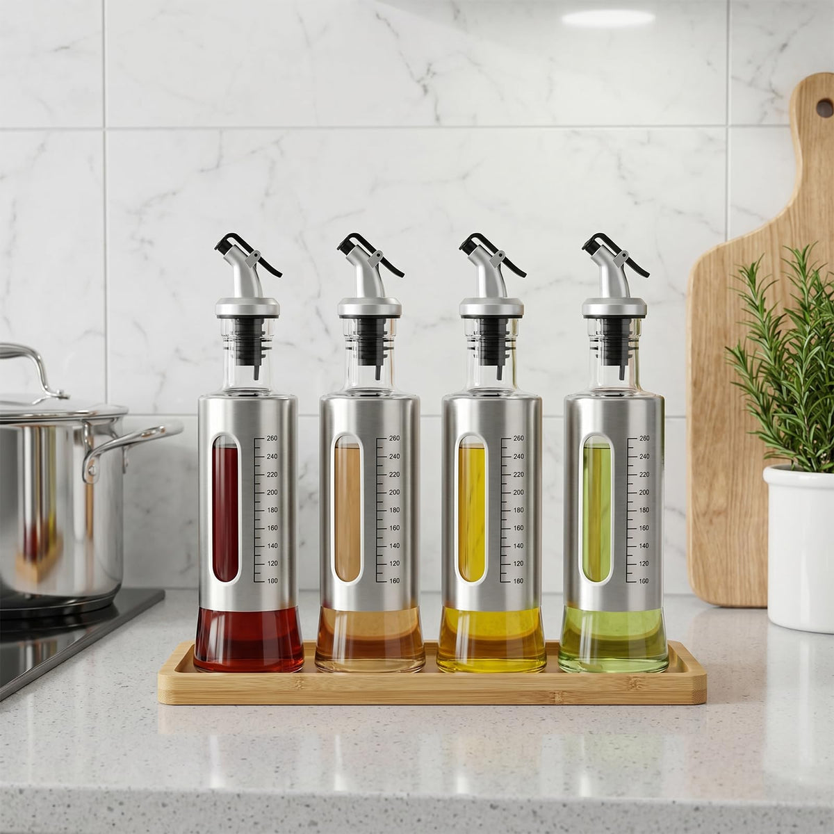 LIONTOTO Olive Oil Dispenser for Kitchen, 4 Pack 10oz/300 ML Cooking Oil and Vinegar Dispenser Set with 20 Labels Stainless Steel Funnel, Olive Oil Bottle, Soy Sauce Dispenser, Coffee Syrup Bottles