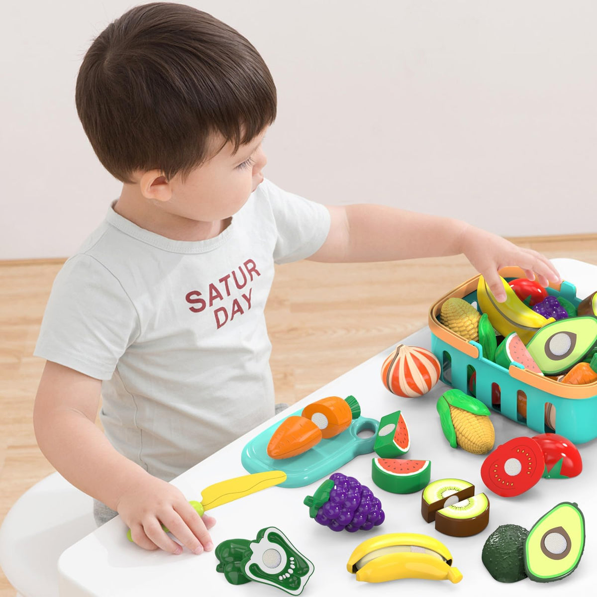 Cutting Play Food Toys For Kids, Pretend Play Kitchen Accessories, Fake Fruits/Vegetables Set With Shopping Storage Basket, Plastic Board And Knife, Birthday Gifts/Educational Toy For Toddler Children
