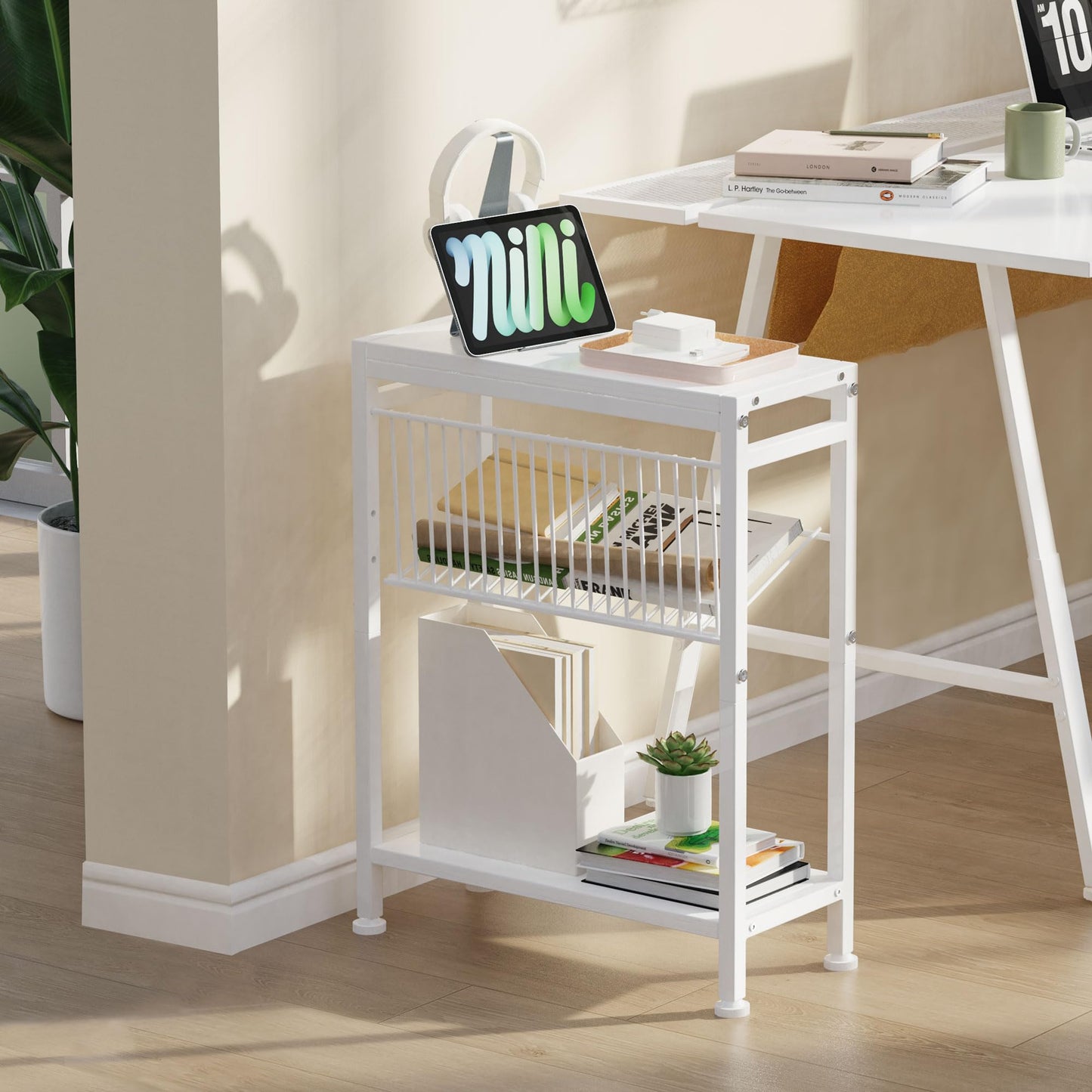 Lifenite Side Table for Small Spaces, Narrow End Table with Magazine Holder, 2 in 1 Design Slim Side Table, Skinny Nightstand for Living Room Bedroom, Thin Side Magazine Table, White