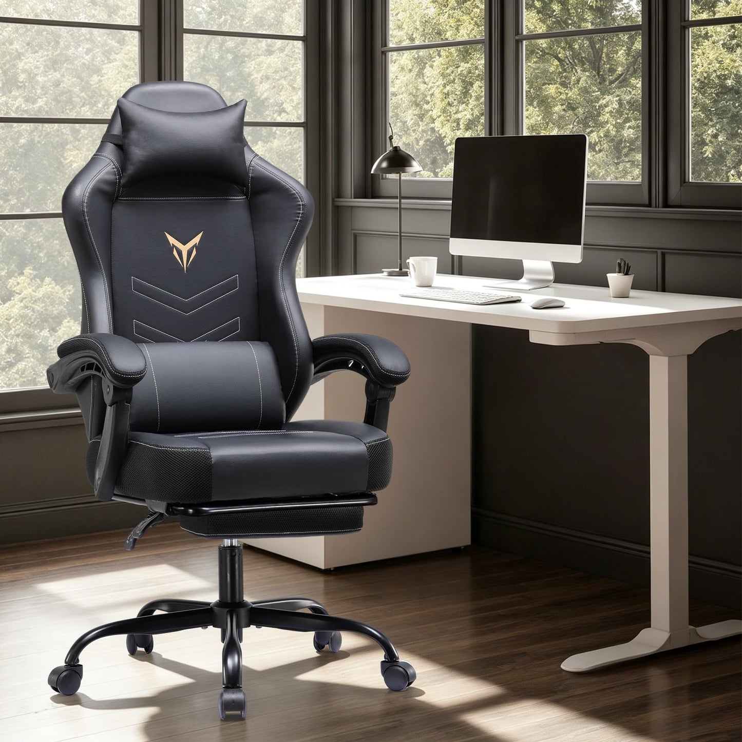 GTPLAYER Gaming Chair, Office Chair High Back Computer Chair with Foot Rest for Adults, Leather Desk Chair Executive Ergonomic Height Adjustable with Headrest and Lumbar Support, 300lbs Dark Black